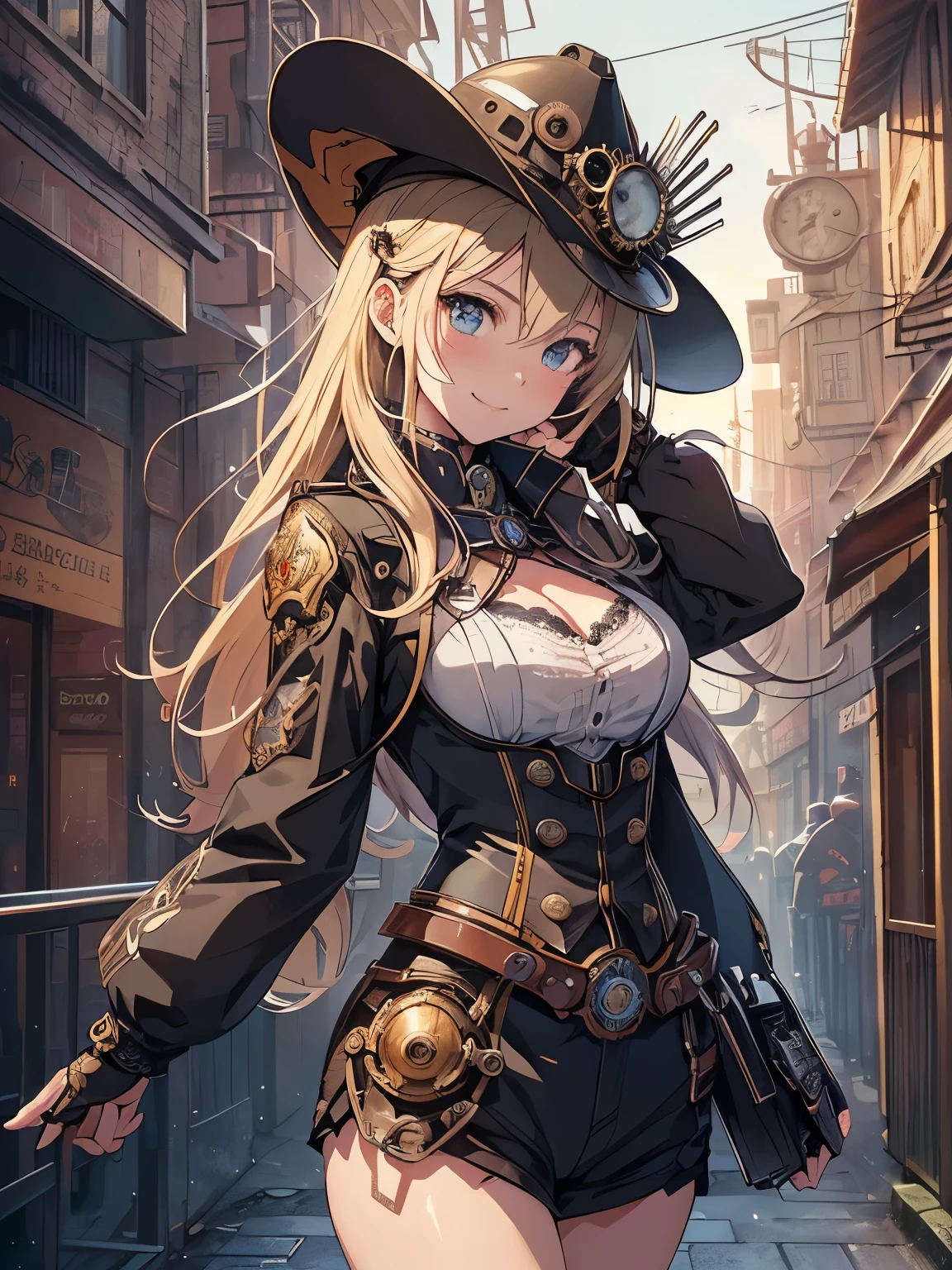 (Line art_anime),(Cowboy Shot,Low - Angle, highest quality, ),(Laura Budd Photos:1.2),(Laura Add Details:1.0),8K, Flat Color:0.8,1 girl,smile,(Highly decorative and complex mechanical steampunk fashion, lace flare dolphin hat、goggles 1.5、machinery background、Gear background、Intricately mechanized steampunk cityscape 1.5),
