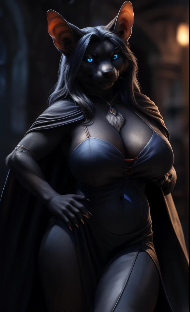 (((Vampire bat, feline, canine))), full body portrait, anthro, (((deep black fur))), cape, opening black elegant dress, black elegant dress, (((long azure hair))), (((azure eyes))), (((black sclera))), tight waist, female, solo, adult, detailed navel, huge breasts, detailed face, beautiful eyes, thick things, wide hips, big butt, (((calm evil face))), curvy, voluptuous, night castle background, looking at viewer, by bruteandbrawn, by personalami, by kenket, (intricate, high detail, film photography, soft focus, RAW candid cinema, photorealism, realistic, photorealistic, analog style, subsurface scattering, masterpiece, best quality, ultra realistic, 8k)