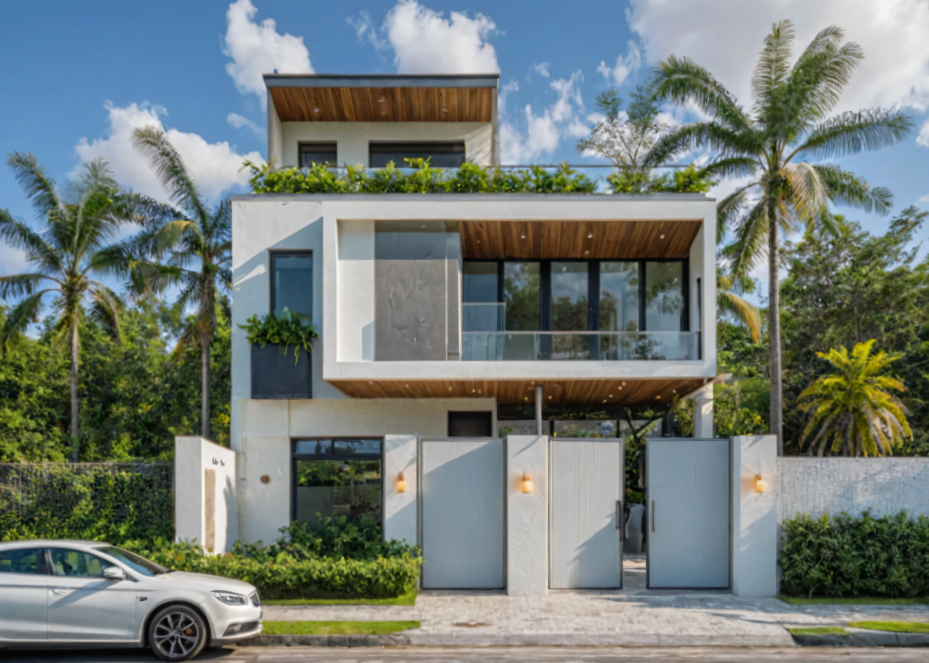 Masterpiece, high quality, best quality, authentic, super detail, outdoors, onestoreyvillaXL, aiaigroup, house style modern on the street ,stairs, white wall ,road,pavement, grass, trees, sky, cloud, (daylight:1.1)