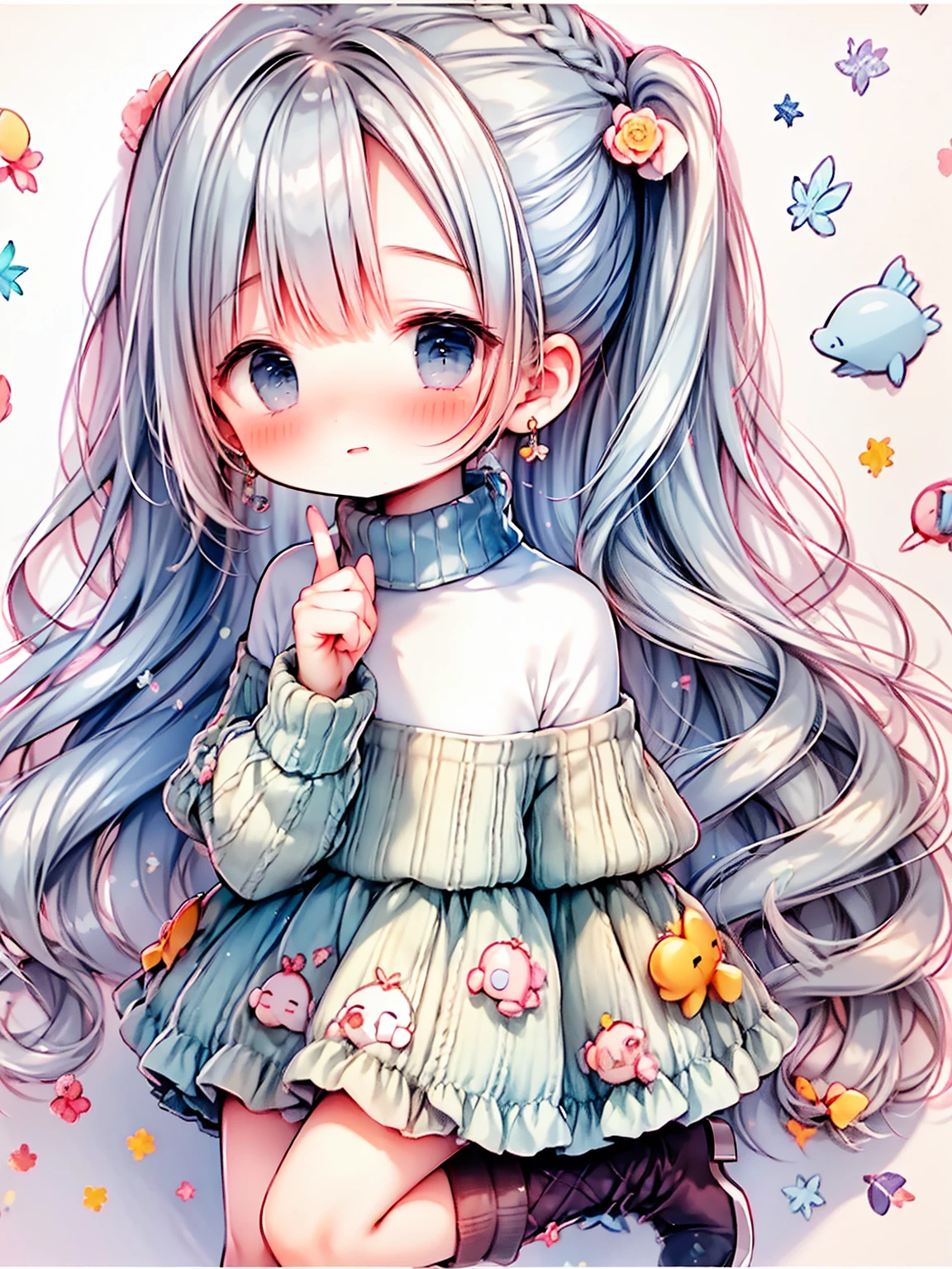 masterpiece, best quality, extremely detailed, (illustration, official art: 1.1), 1 girl, ((light blue long hair))), light blue hair, ************, long hair ((blush)), cute face, big eyes, masterpiece, best quality, ((a very delicate and beautiful girl))))), amazing, beautiful detailed eyes, blunt bangs ((((little delicate girl)))), tareme, long hair cute anime faces, detailed light, parted lips, shiny, beautiful detailed face, long hair, pale long hair, smile, looking at viewer, jewelry, lips, 

(best quality, masterpiece:1.2) 1girl,(1) girl is squatting down and looking at the aquarium.
(3) The woman is wearing a turtleneck knit, Mini skirt and long boots.smile.
(5) The place is an aquarium.

(ribbed sweater :1.3), off-the-shoulder sweater, (short shorts:1.2), bare shoulders,((dark skin:0.8)), Beautiful eyes, (disheveled hair), photography, over-the-shoulder shot, Direction : Alex Maleev, professional, Camera Canon, nikon camera, sharp, Bokeh, studio quality, fisheye lens, 

