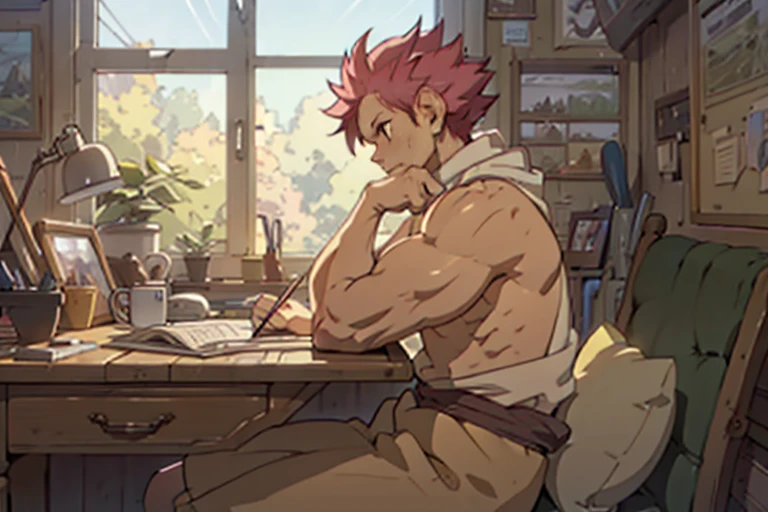 (best quality,4k,highres,masterpiece:1.2), ultra-detailed, muscular buff fit V shaped body Natsu Dragneel sitting and studying on a study table, ((side view)), writing in a notebook looking down serious. The environment is like ((studio ghibli)), ((lofi)) look. Indoors with a window visible. Outside the window, farms and sky is visible. Cottage interior, 