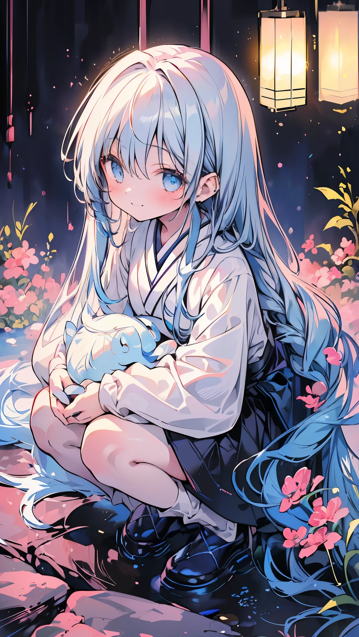 masterpiece, best quality, extremely detailed, (illustration, official art: 1.1), 1 girl, (((light blue long hair))), light blue hair, , long hair ((blush)), cute face, big eyes, masterpiece, best quality, (((a very delicate and beautiful girl))))), amazing, beautiful detailed eyes, blunt bangs ((((little delicate girl)))), tareme (true beautiful: 1.2), 
(masterpiece)+,(best quality)++,highres,absurdres,girl,, 1girl, outdoors, japanese clothes, (1) girl is squatting down and looking at the aquarium.
(3) The woman is wearing a turtleneck knit, Mini skirt and long boots.smile.
(5) The place is an aquarium.