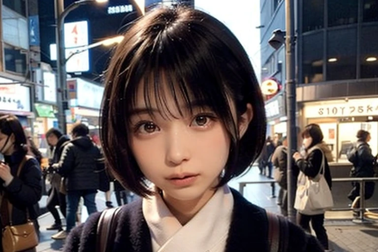 Realistic, 8k, Beautiful woman, Attractive look, Clear system, short hair, fluffy bob cut, 20-year-old, Tokyo, winter, Shibuya in the background