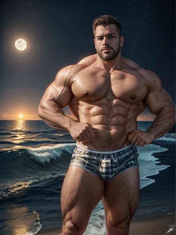 obra de arte, melhor qualidade, high resolution, retrato em close, macho focus, foco apenas, muscular, corpulento, peludo, macho, um homem, em um mar, with half the body submerged in water, behind a starry sky with a moon in the center, amazing composition, vista frontal, HDR, volumetric lighting, ultra qualidade, elegante, altamente detalhado