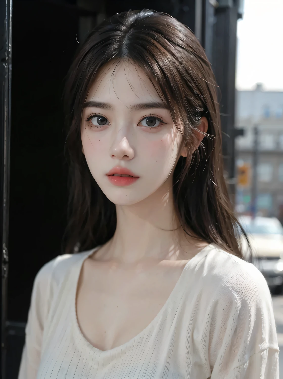 1girl, (looking at viewer:1.2), detail face, (a girl standing, rending on cgsociety, black shadows, streaming, new york backdrop), romanticism, atmospheric, (RAW photo, best quality), (realistic, photo-realistic:1.3), masterpiece, an extremely delicate and beautiful, extremely detailed,