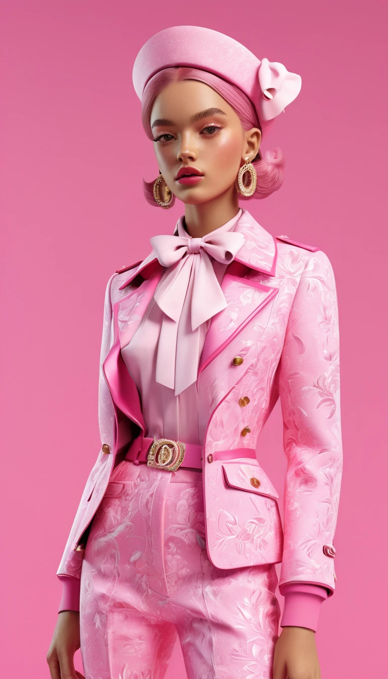 A stylized pink 3D girl, old money aesthetic, designer luxury clothing