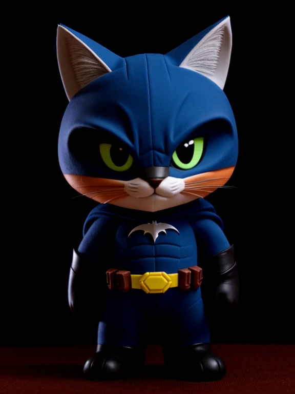 Gatinho, com roupa do batman, lutando contra bichinho de pelucia