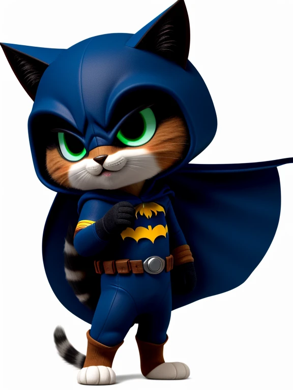 Gatinho, com roupa do batman, lutando contra bichinho de pelucia