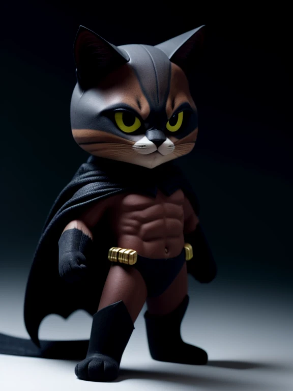 Gatinho, com roupa do batman, lutando contra bichinho de pelucia