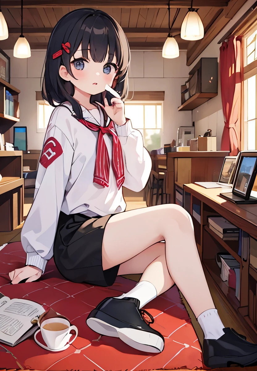 Beautiful illustrations, highest quality, (10 year old girl:1.4)、(pretty girl:1.5)、、、Flat Chest、White checked blouse、(black chino shorts:1.4)、(Black shorts with wide openings:1.2)、Gap between thighs and shorts、Slim thighs、 Straight Hair、Cinematic lighting