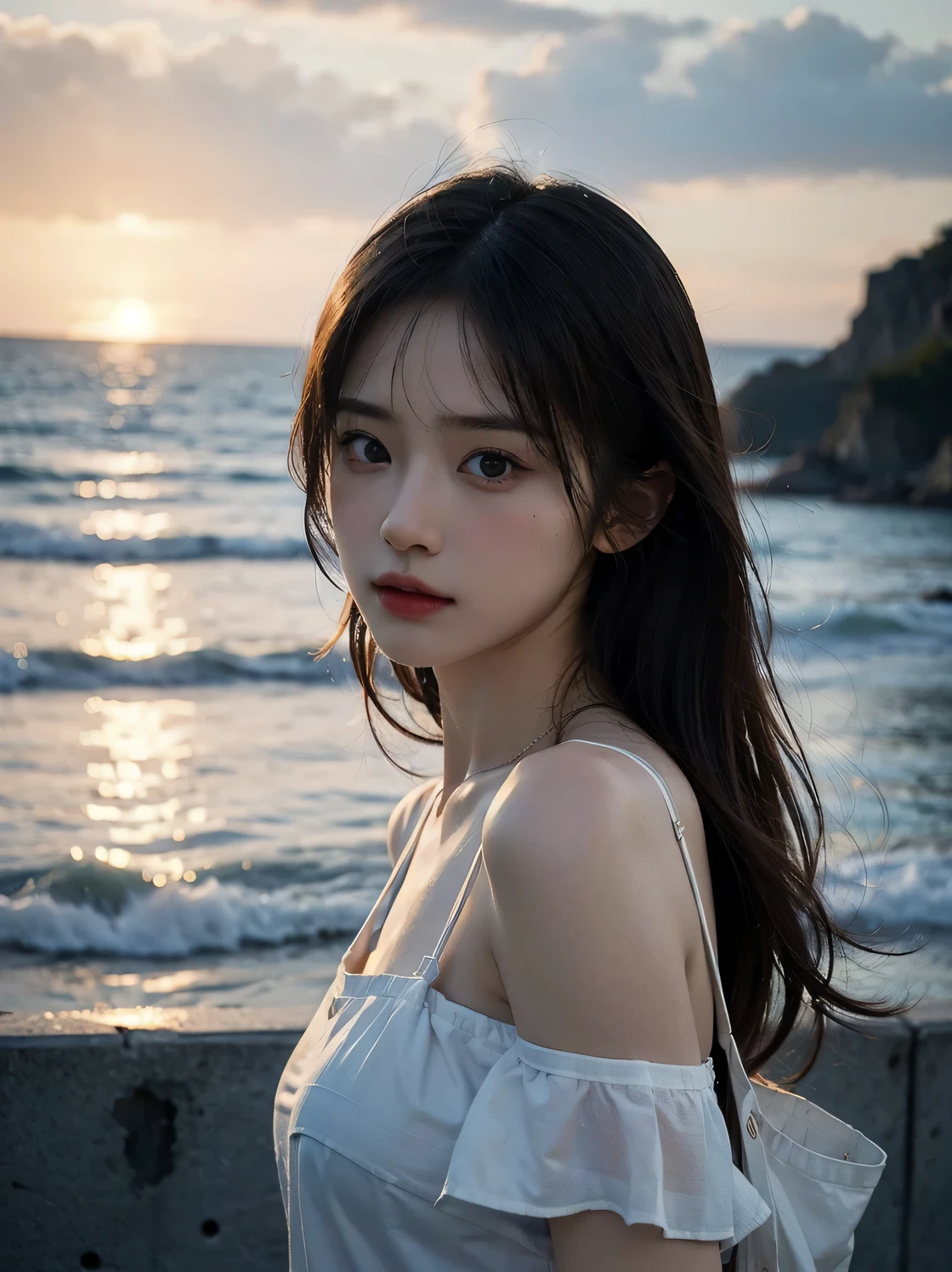 1girl, (looking at viewer:1.2), detail face, (a girl standing, rending on cgsociety, black shadows, sea backdrop), romanticism, atmospheric, (RAW photo, best quality), (realistic, photo-realistic:1.3), masterpiece, an extremely delicate and beautiful, extremely detailed,