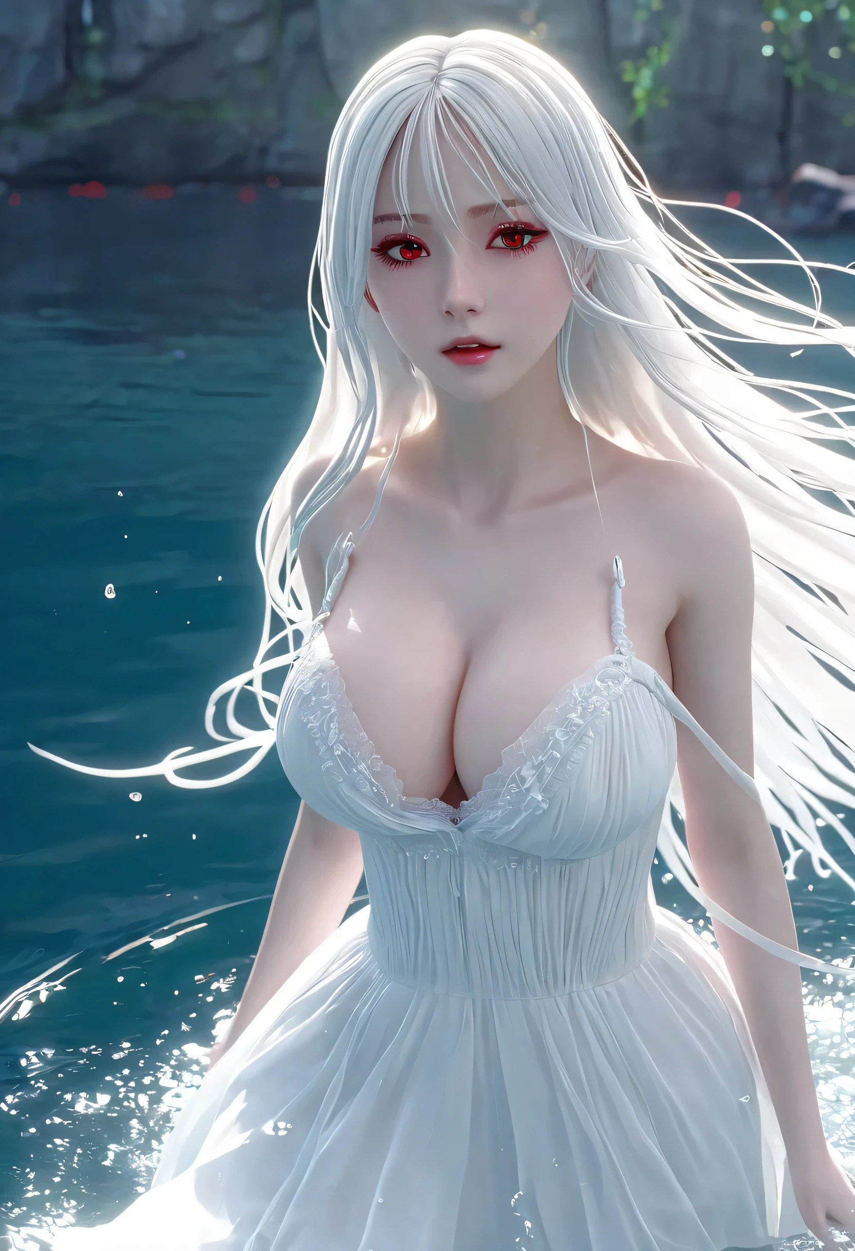 18-year-old female，Milky white long hair，Red Eyes，Long eyelashes，Unbelievably huge breasts，((3D anime style))，Fleeting，Eyes downcast，A revealing white dress，Look at the bottom left，Stand above the surface of the water，