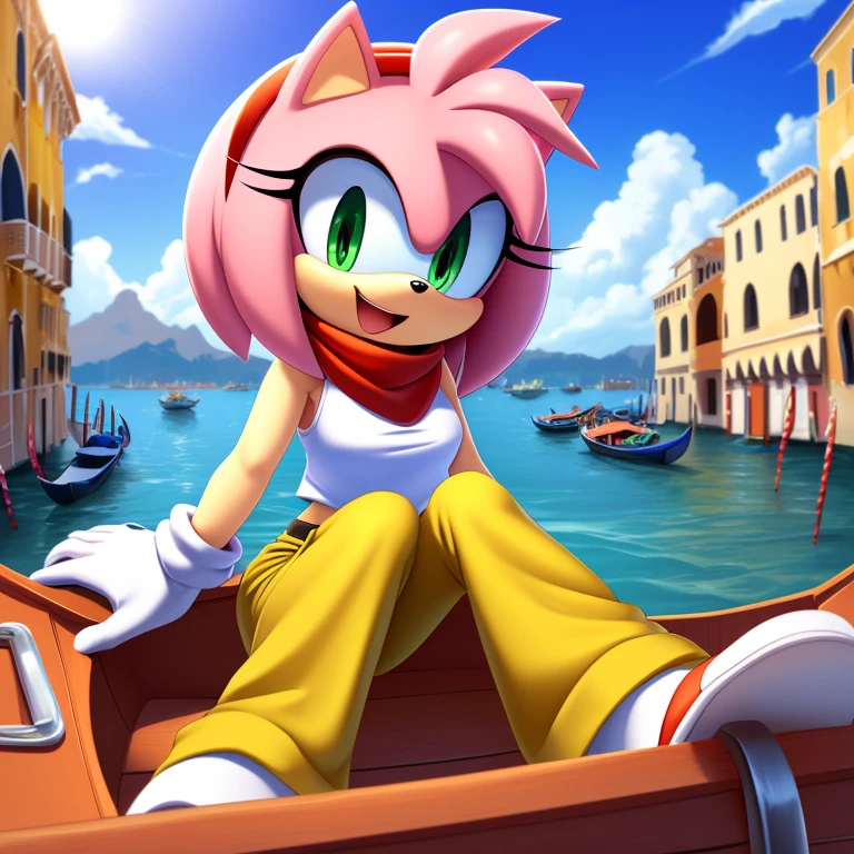 (Amy rose), full-length portrait, , (masterpiece, 4K) ((glistening body)) excellent quality, intricate detail, smooth lighting, 4k quality, ultra-detailed, subsurface scattering, ambient light, sharp focus, ((Italian hat, white beret, pantaloni pants, white pants, red maglione shirt)) ((expressive eyes, eyes shading)) ((Venice background, River, boats, bridge of rock, white gloves)) (border, sega, mammal, eulipotyphlan, white_border, tanlines, pink_body, solo, cub, youjomodoki, anthro,(green_eyes), full body, (face and bottom Focus, open smiles, expressive face), female, cream_fur, multicolored fur, ((sunny day, clouds, clouds shading)), ((sitting in boat)), Italy background, red hairband, red scarf