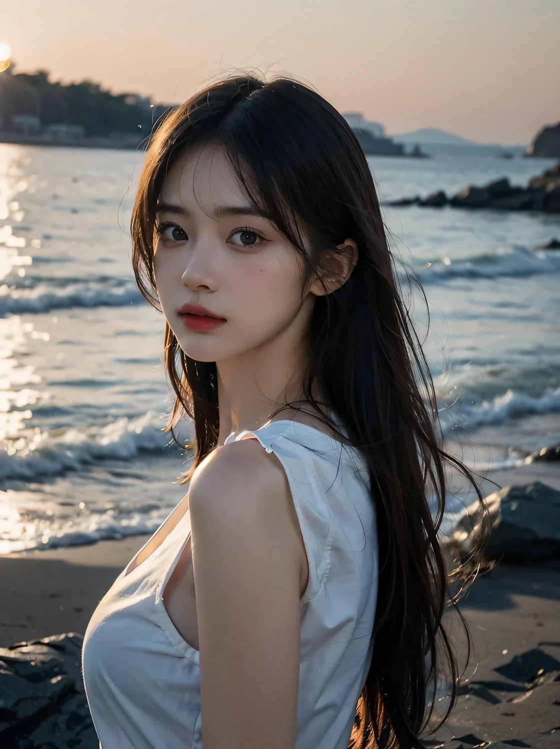 1girl, (looking at viewer:1.2), detail face, (a girl standing, rending on cgsociety, black shadows, sea backdrop), romanticism, atmospheric, (RAW photo, best quality), (realistic, photo-realistic:1.3), masterpiece, an extremely delicate and beautiful, extremely detailed,