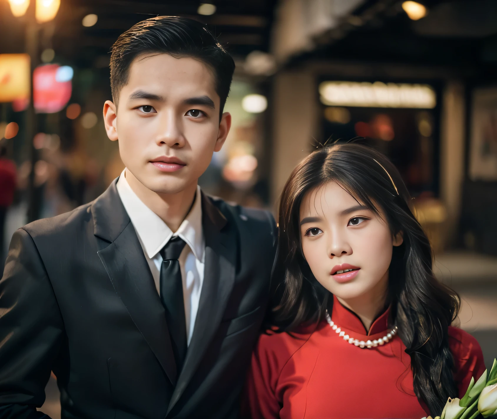 (4k, best quality, masterpiece), (realistic, photo-realistic), wedding photo of man and woman, red background,<lora:dingzhenlora_v1:0.1>,<lora:taiwanDollLikeness_v10:0.1>,<lora:weddingPhoto:0.8>,<wedding photo, upper body: 1.2>