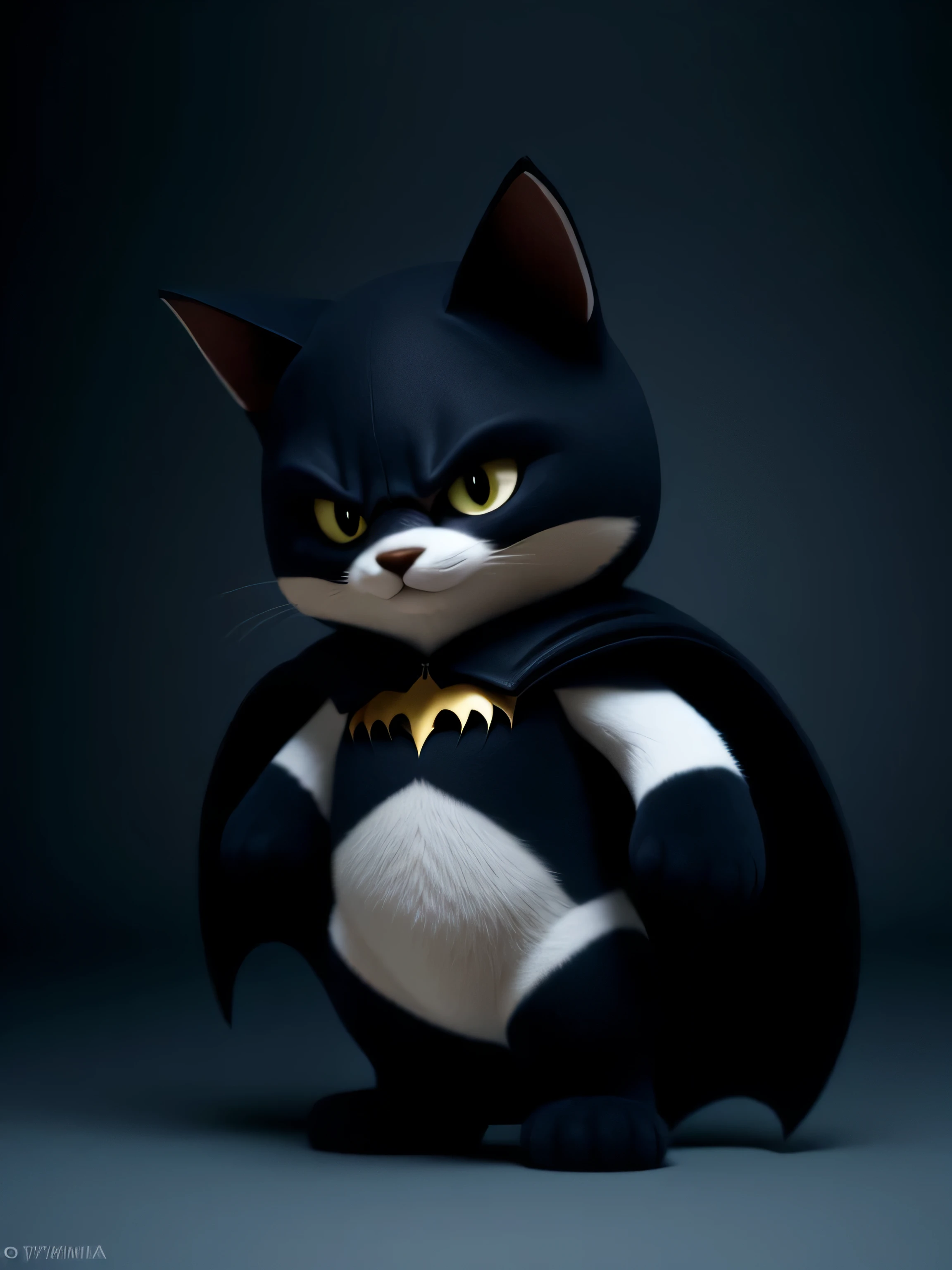 Gatinho, com roupa do batman, lutando contra bichinho de pelucia