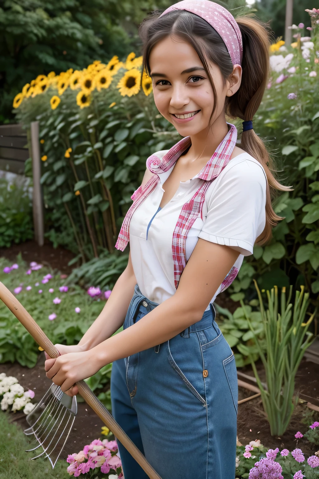 Young girl, about 30 years old in the work clothes of a gardener, with two long pigtails in a headscarf in 80's pin up style , holding small rakes in his hands, shovel for loosening, A smile on his face, she is happy, she is in the garden , around the beds, vegetables, he stands in a relaxed position