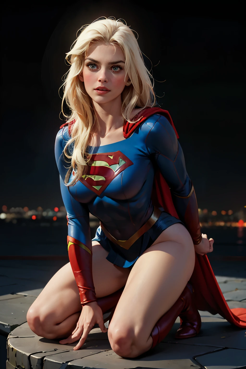 ((highest quality)), ((masterpiece)), (be familiar with), (High definition), (Realistic), (Realistic), (Best Shadow), Low contrast, (Complex:1.4), Side lighting, 8K, ((Helen Slator)), ((SUPER GIRL)), Perfect Face、Detailed、(Accurate hand and finger depiction)、supergirl women、Blonde、Voluptuous body、big breasts、Narrow waist、Big Ass、Alluring、glamorous、((Kneeling))、Tokyo Tower、Night view