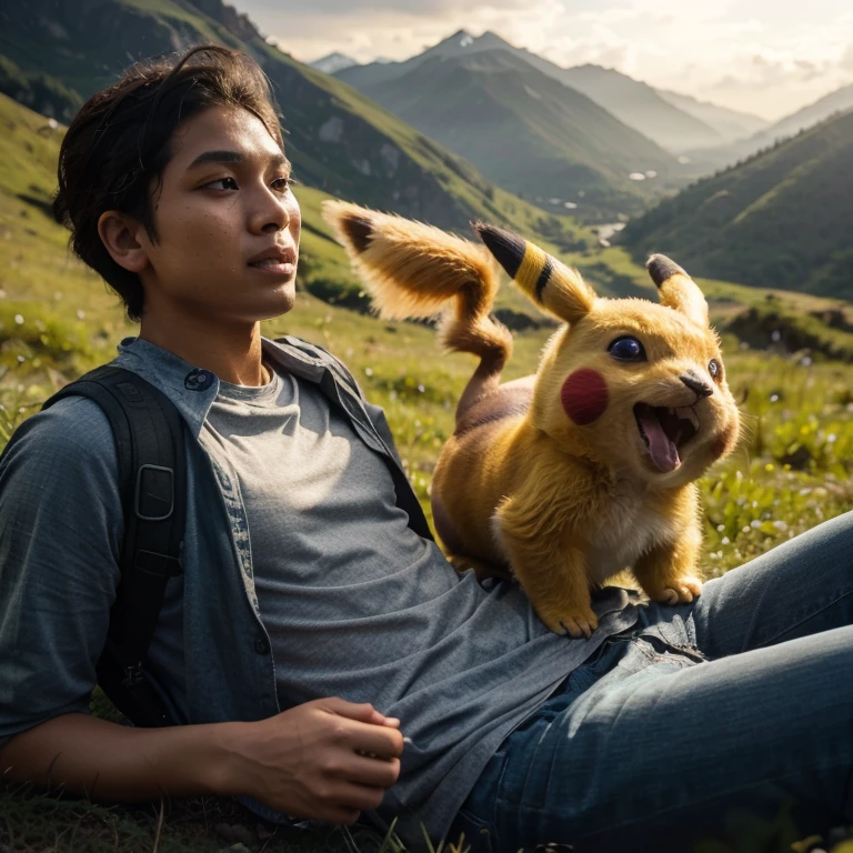 film still, realistic style, sebuah adegan di gunung rumput, seorang pria muda rambut pendek baju santai senyum, menunggangi seekor pokemon pikachu; badan dan kepala mengaum keras,  badan merangkak di tanah, . ultra fotorealistik, Hasselblad H6D, 8K, HDR, Canon EOS R5, 50mm lens, ultra-realistic.