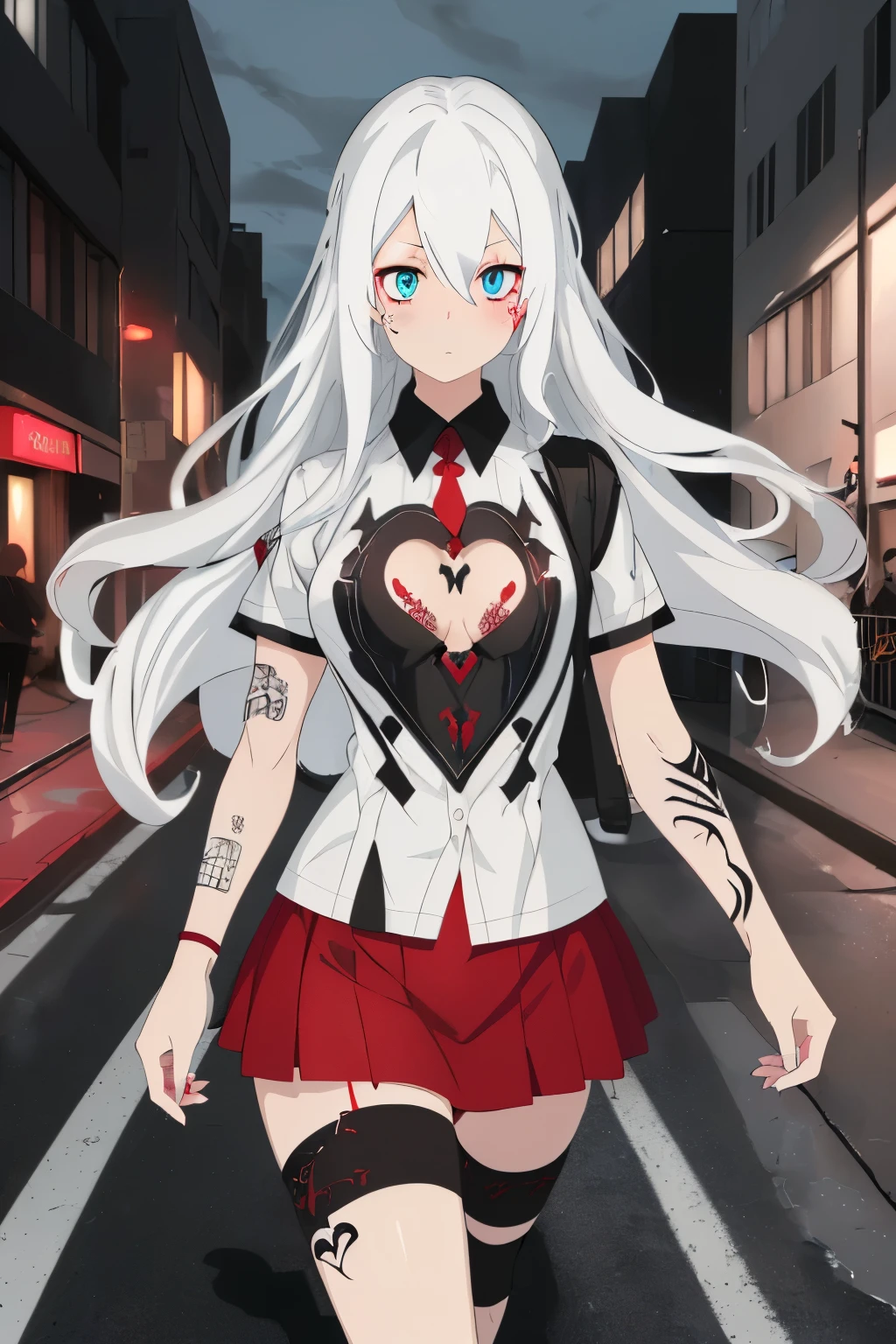 white hair color, long hair, wavy hair, black sexy shirt, chest tattoo, red miniskirt, baby blue eyes, background night walk alone on the street, 8k, hdr 4k