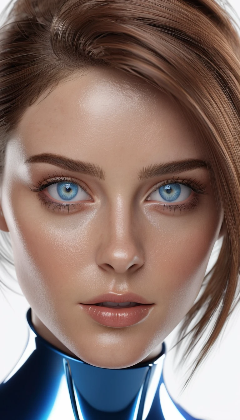 Low Angle, product view, High style, Brown haired woman, Blue eyes， half-length portrait,futuristic, reflective, simple, white background, studio lighting, real material texture, smooth line sense and refined product design, zbrush, Octane rendering, virtual engine, crazy details, metal texture and tension composition