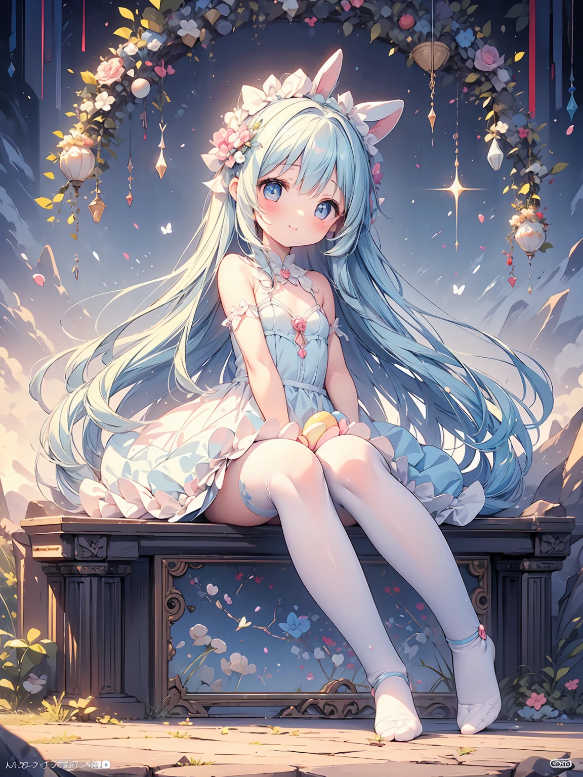 masterpiece, best quality, extremely detailed, (illustration, official art:1.1), 1 girl ,(((( light blue long hair)))), light blue hair, ,10 years old, long hair ((blush)) , cute face, big eyes, masterpiece, best quality,(((((a very delicate and beautiful girl))))),Amazing,beautiful detailed eyes,blunt bangs((((little delicate girl)))),tareme(true beautiful:1.2), sense of depth,dynamic angle,,,, affectionate smile, (true beautiful:1.2),,(tiny 1girl model:1.2),)(flat chest)),

masterpiece, highres, best quality,1girl, smile, alice in wonderland, dress, (forest), (flowers:0.8), (butterfly:0.6), (bunny ears), fairy tale, mushroom, atmospheric, basket, easter eggs, ((striped stockings)), red ribbons