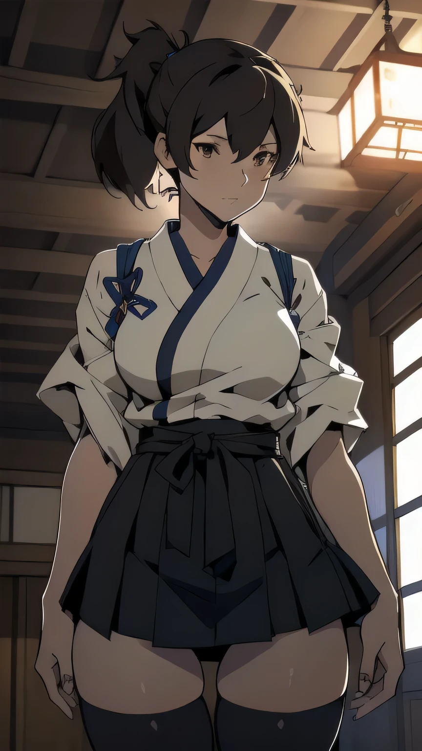 ,((Thin thighs)),kaga (kancolle), {{kaga kai ni (kancolle)}}, side ponytail, brown eyes, black long hair, black thighhighs, short skirt, hakama skirt, japanese clothes, , blue hakama, hakama, muneate, tasuki, Fleet Collection, highest quality,Are standing,Cowboy Shot,room,((highest quality)), ((masterpiece)), (Familiar), Kaga with a perfect face (Kantai Collection),One girl, alone,,from the front, Look forward, View your viewers, Straight,,{{{Game CG}}},2023,,so beautiful, highest quality, Great quality, ,curated, figure, Very detailed,Browsing Caution