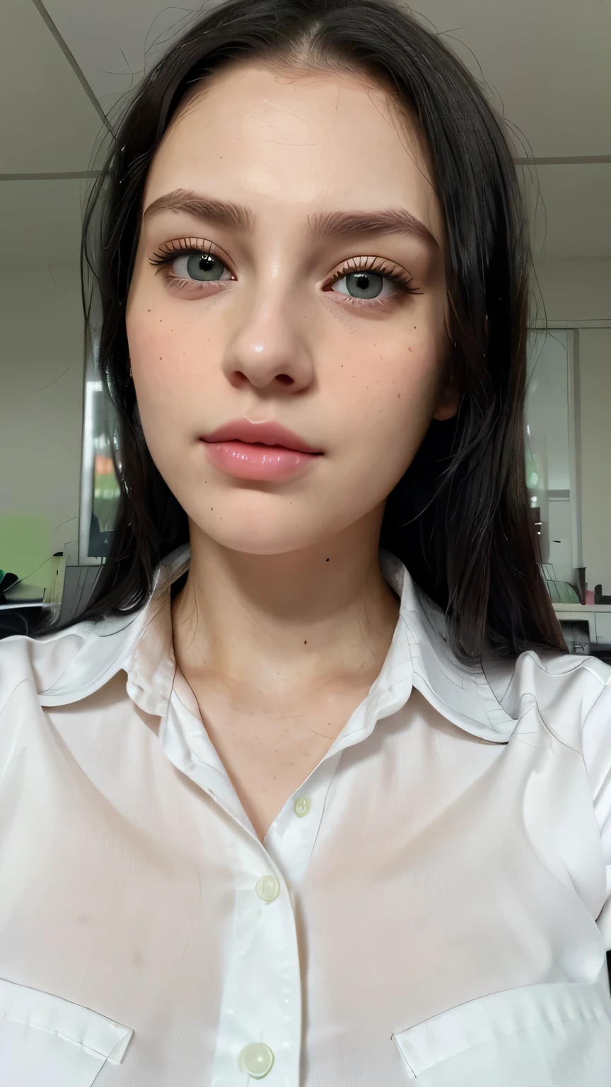 Woman with long natural black hair, (perfect skin, Hultra detailed skin, best quality), perfect face, (white Men's formal shirt), (Perfect soft green eyeballs of the same size), Natural makeup, ((traits similar to those of lana rhoades)), perfect selfie, perfect skin, closeup, In the office