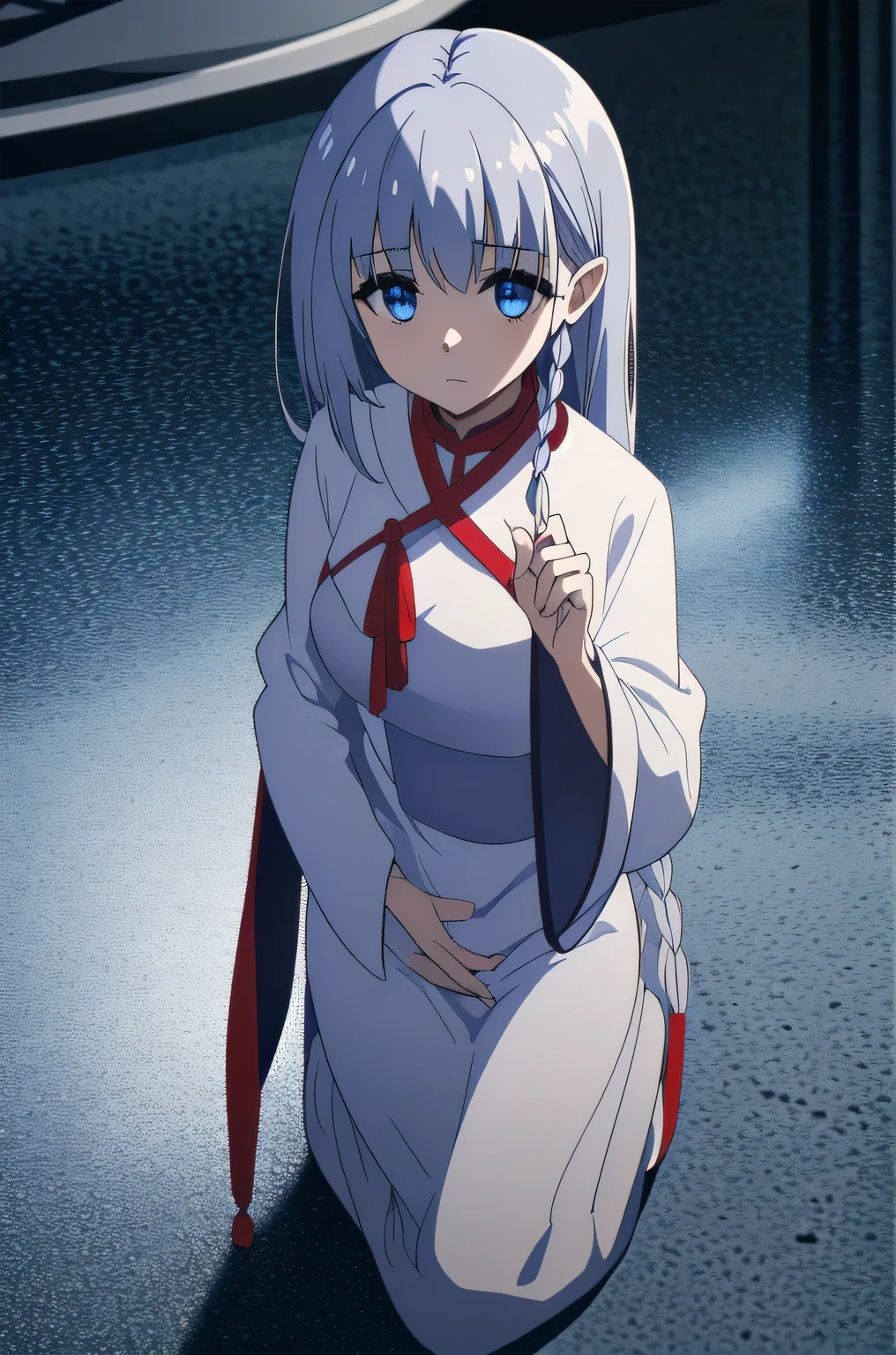 (masterpiece, best quality:1.2), 1girl, solo,silver hair, blue eyes, taoist robe,white thights, red string, red choker
