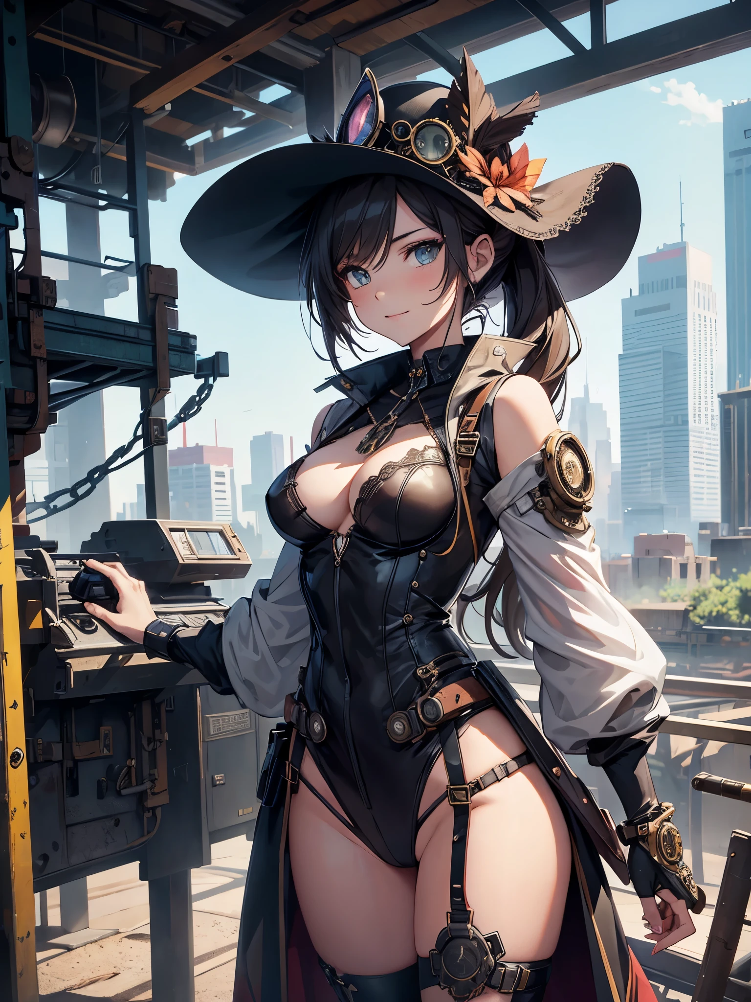 (Line art_anime),(Cowboy Shot,Low - Angle, highest quality, ),(Laura Budd Photos:1.2),(Laura Add Details:1.0),8K, Flat Color:0.8,1 girl,smile,(Highly decorative and complex mechanical steampunk fashion, lace flare dolphin hat、goggles 1.5、machinery background、Gear background、Intricately mechanized steampunk cityscape 1.5),