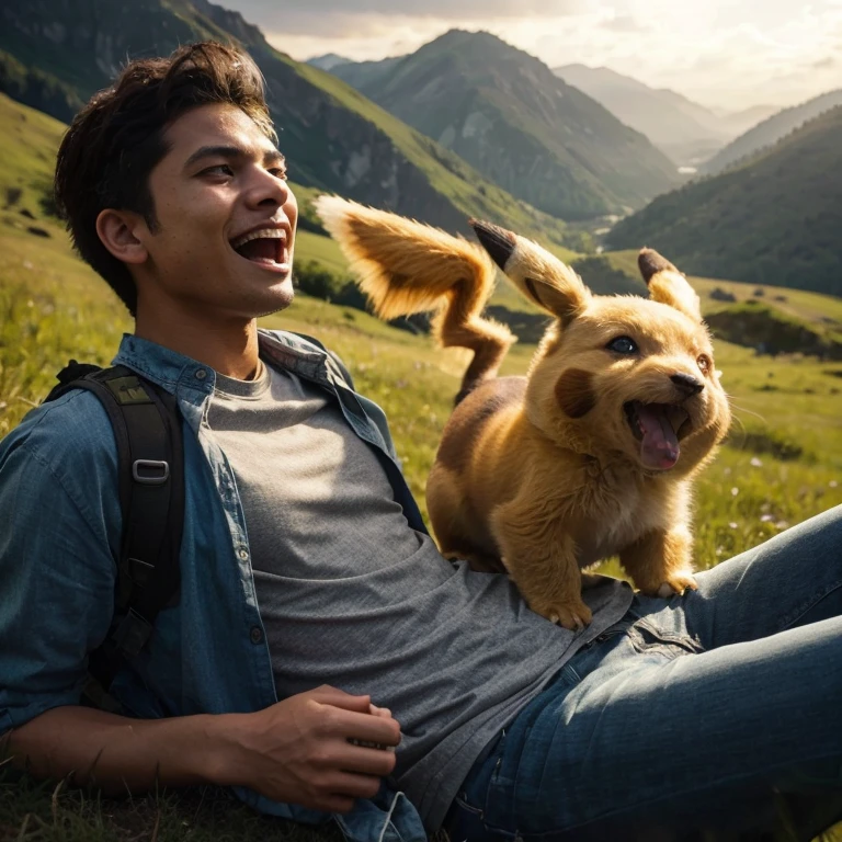 film still, realistic style, sebuah adegan di gunung rumput, seorang pria muda rambut pendek baju santai senyum, menunggangi seekor pokemon pikachu; badan dan kepala mengaum keras, badan merangkak di tanah, . ultra fotorealistik, Hasselblad H6D, 8K, HDR, Canon EOS R5, 50mm lens, ultra-realistic.