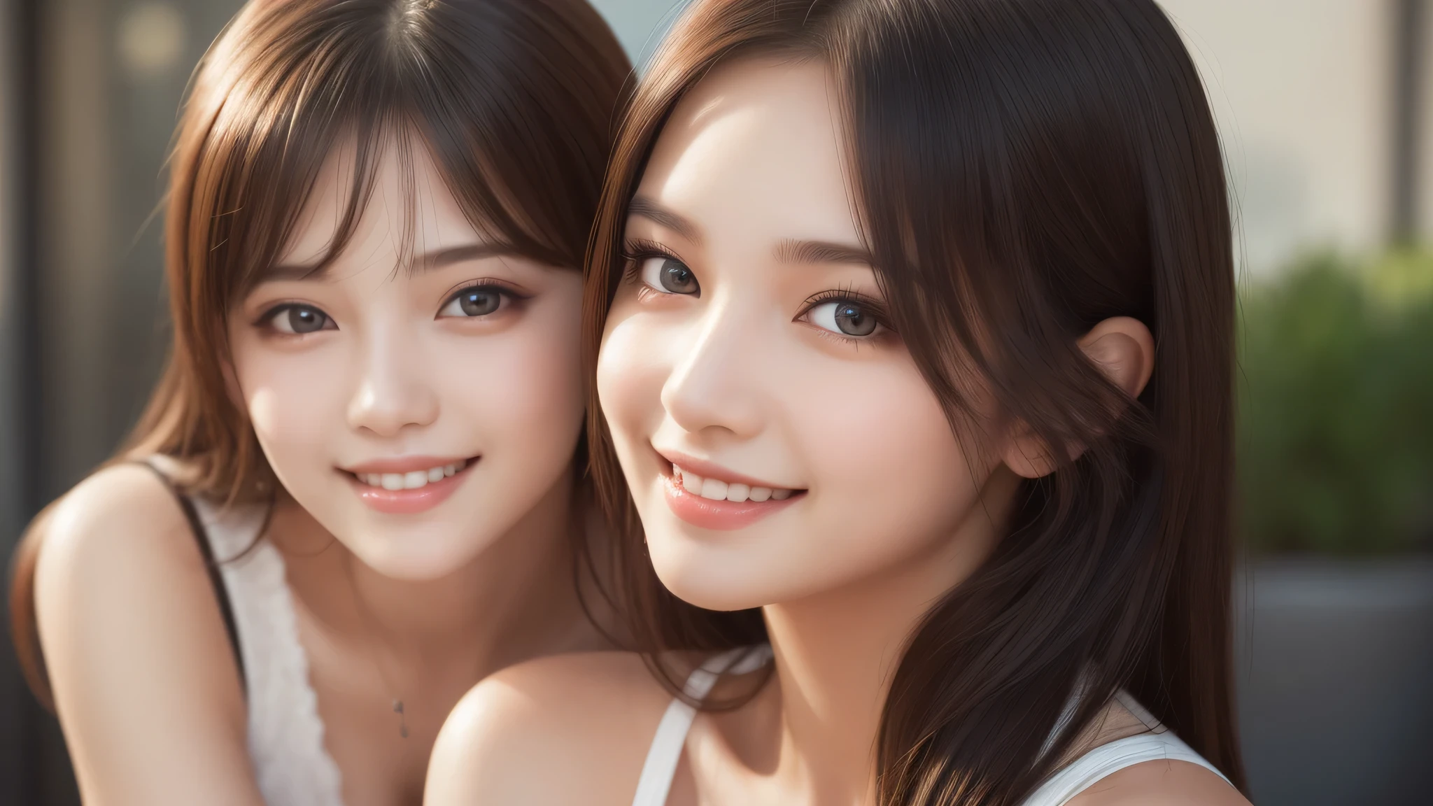 (2girl:1.3), (ultimate beautiful girl), cute face, (smiling), Amazing face and eyes, (Best Quality:1.4), (Ultra-detailed), (extremely detailed beautiful face), (highly detailed Beautiful face), (extremely detailed CG unified 8k wallpaper), High-definition raw color photos, Professional Photography, Extremely high resolution, fashionable, Highly detailed, big breasts, 