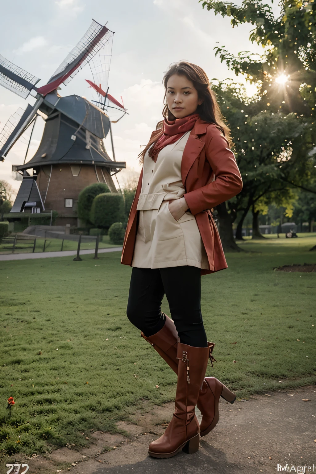 a beautiful Indonesian woman aged 24 years, ideal body wearing a red coat, scarf and high boots, posing like a model in front of an arafed windmill with people standing around her in the park, Dutch windmill Gundam, windmill, with a figure in the background, dutch style, windmill, leaked pictures, pose!!, mu pan, mill, by Maria van Oosterwijk, dutch, by Hugo van der Goes, holiday photos, Dutch masterpieces, by Eugeen Van Mieghem