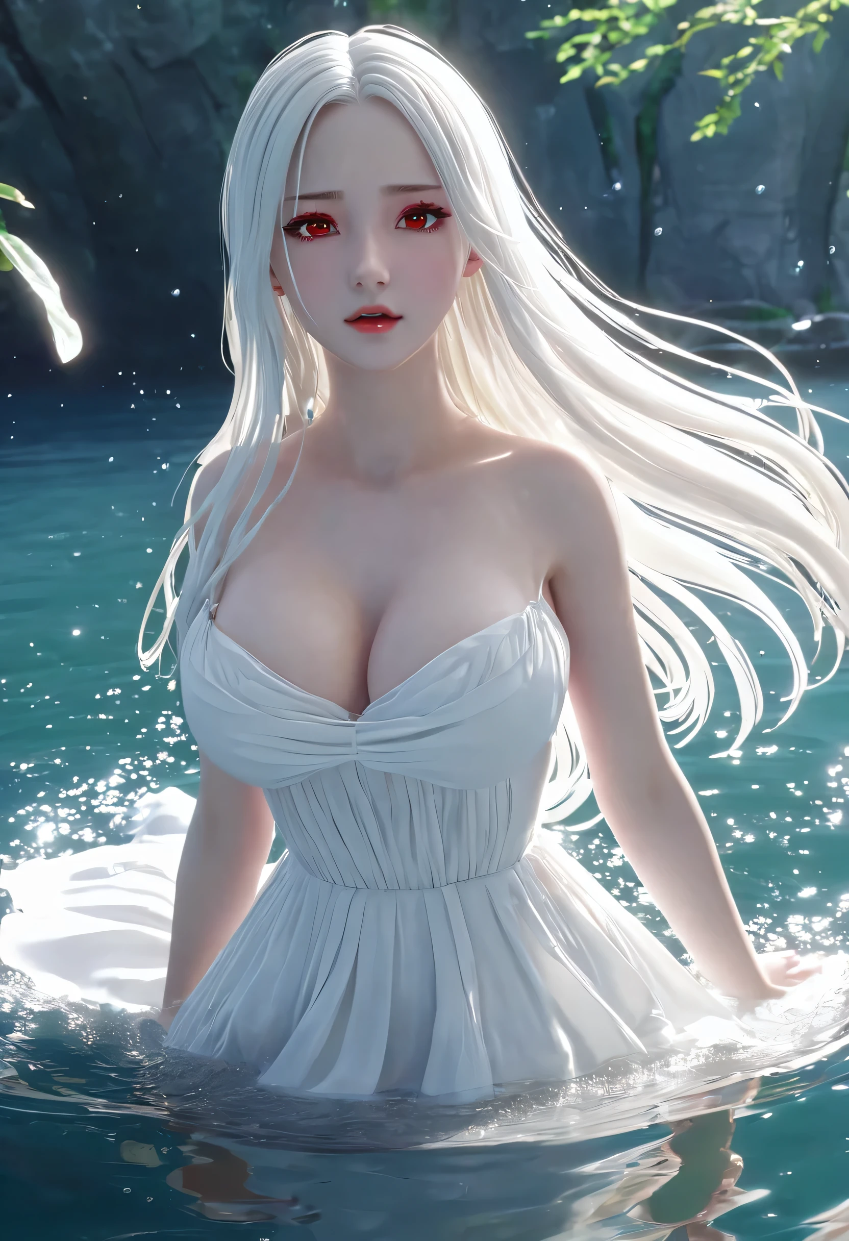 18-year-old female,Milky white long hair,Red Eyes,Long eyelashes,Unbelievably huge breasts,((3D anime style)),Fleeting,Eyes downcast,A revealing white dress,Look at the bottom left,Stand above the surface of the water,