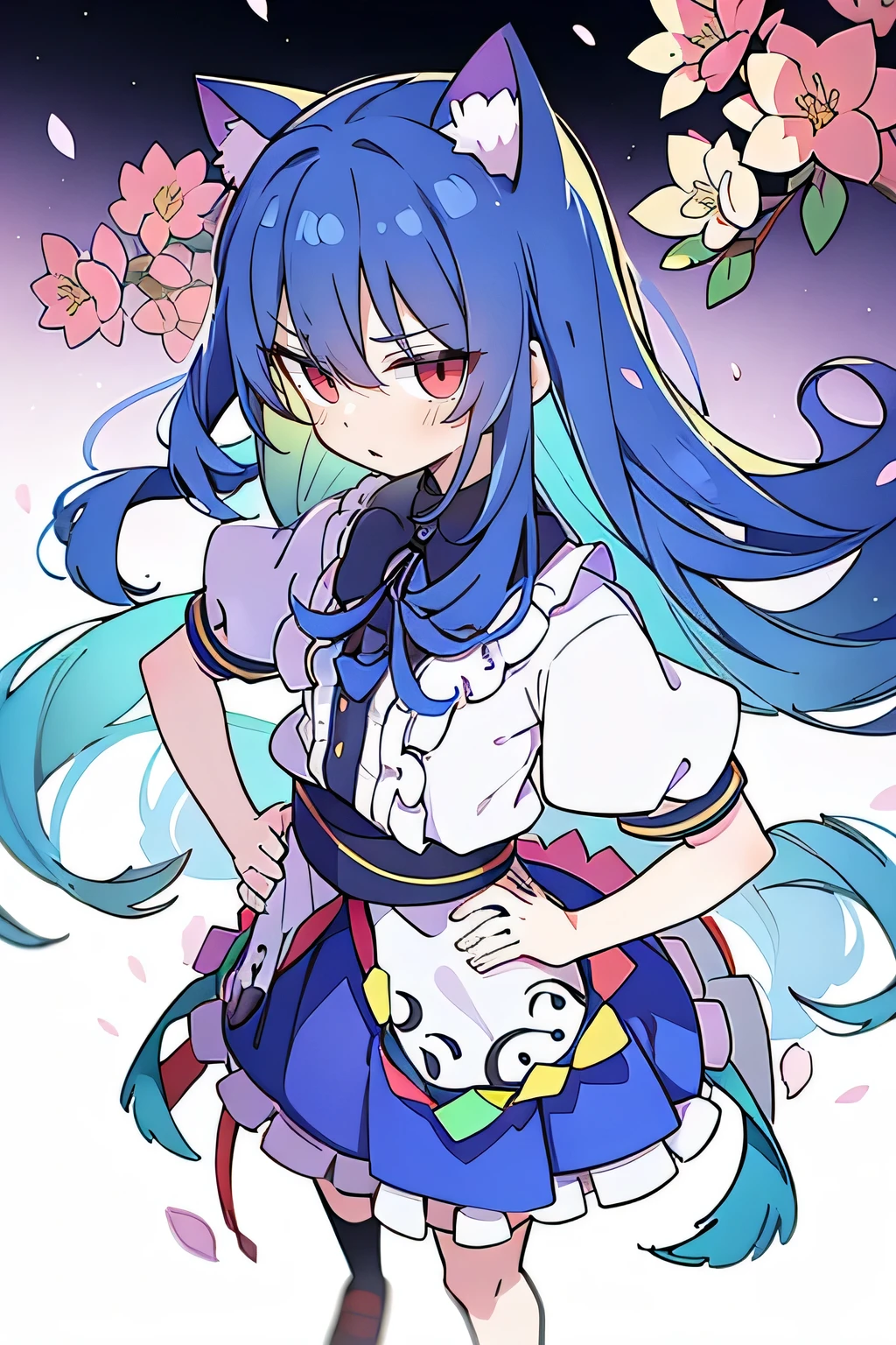 (masterpiece),best quality, expressive eyes, perfect face, 1girl,
Put your hands on your waist,fair, Gorgeous,Japanese cartoons,girl,lola,Hina Angel, blue hair, blue haired, floating clothes,Grab your waist, Grab your waist, hands on hips , hands on hips,sit, sit on ground, Legs on the ground, flat chest,cat ears,Petals fall,