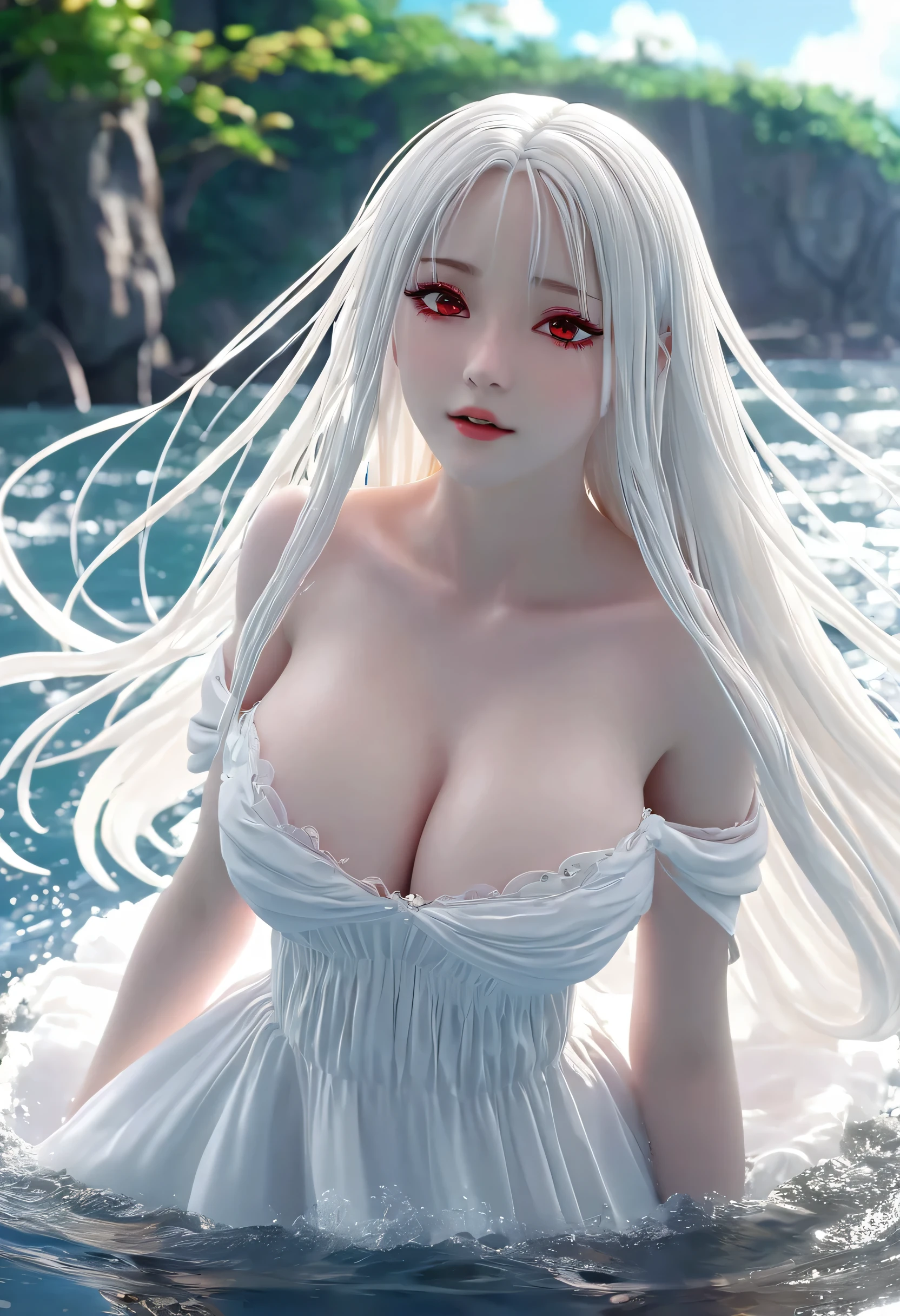 18-year-old female,Milky white long hair,Red Eyes,Long eyelashes,Unbelievably huge breasts,((3D anime style)),Fleeting,Eyes downcast,A revealing white dress,Look at the bottom left,Stand above the surface of the water,