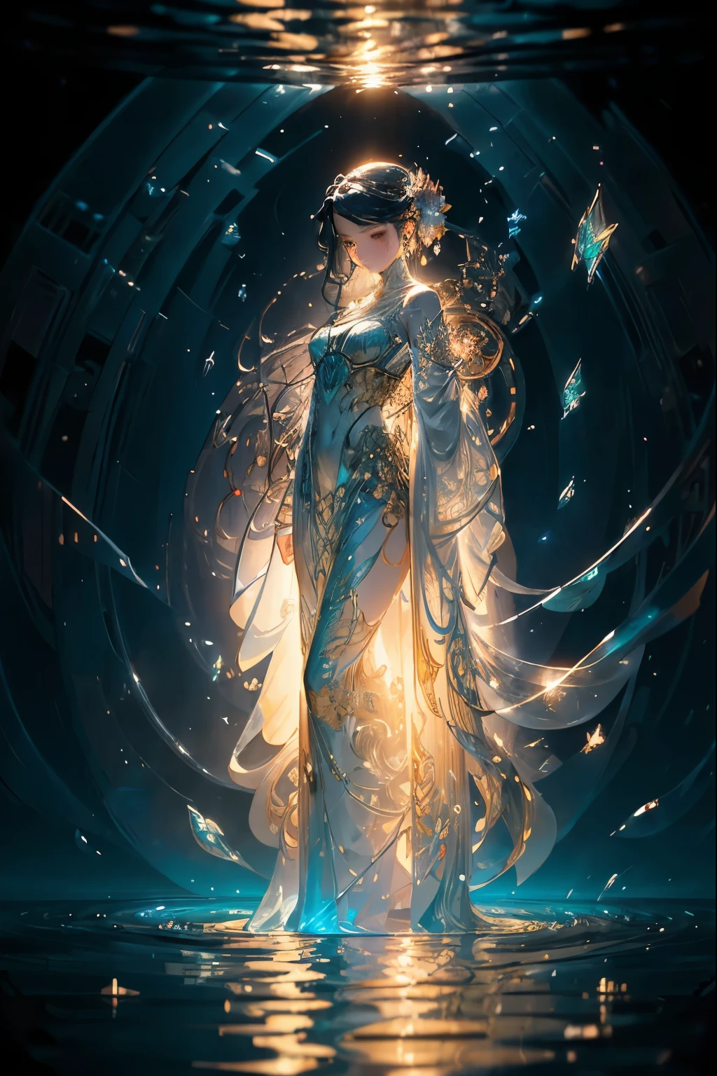 Picture a serene body of water, its surface tranquil yet alive with the magic of refraction and reflections. Sunlight dances upon the water, casting a golden glow that rivals the shiniest of prisms. The sunlight refracts through the water, creating a mesmerizing display of glowing lights that dance upon the water's surface and below. This intricate and elegant scene is a digital painting brought to life, with highly detailed textures that captivate the viewer's senses. The illustration, lovingly crafted by the hands of artistic maestros Artgerm and Greg Rutkowski, as well as Alphonse Mucha, invites the beholder to