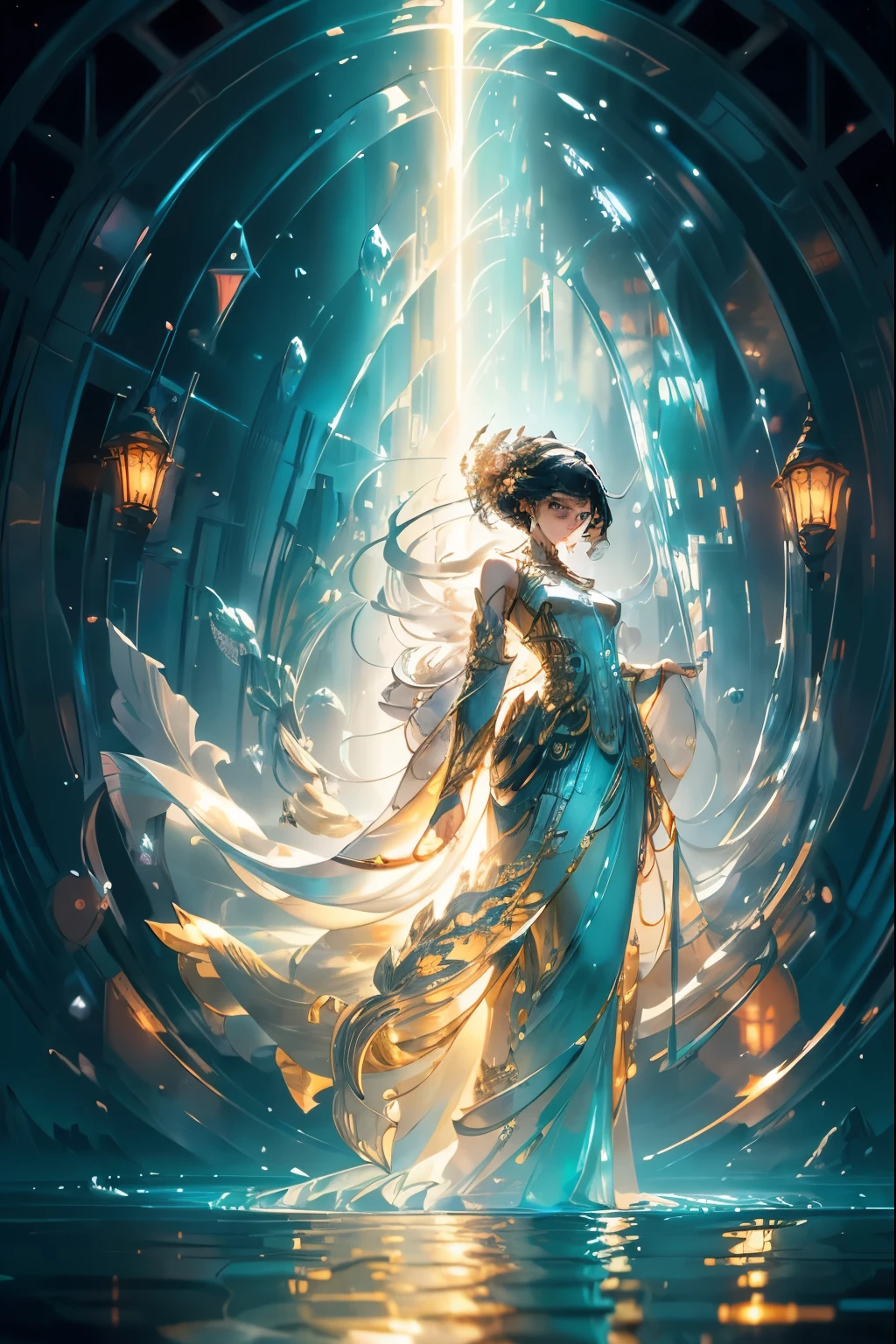 Picture a serene body of water, its surface tranquil yet alive with the magic of refraction and reflections. Sunlight dances upon the water, casting a golden glow that rivals the shiniest of prisms. The sunlight refracts through the water, creating a mesmerizing display of glowing lights that dance upon the water's surface and below. This intricate and elegant scene is a digital painting brought to life, with highly detailed textures that captivate the viewer's senses. The illustration, lovingly crafted by the hands of artistic maestros Artgerm and Greg Rutkowski, as well as Alphonse Mucha, invites the beholder to