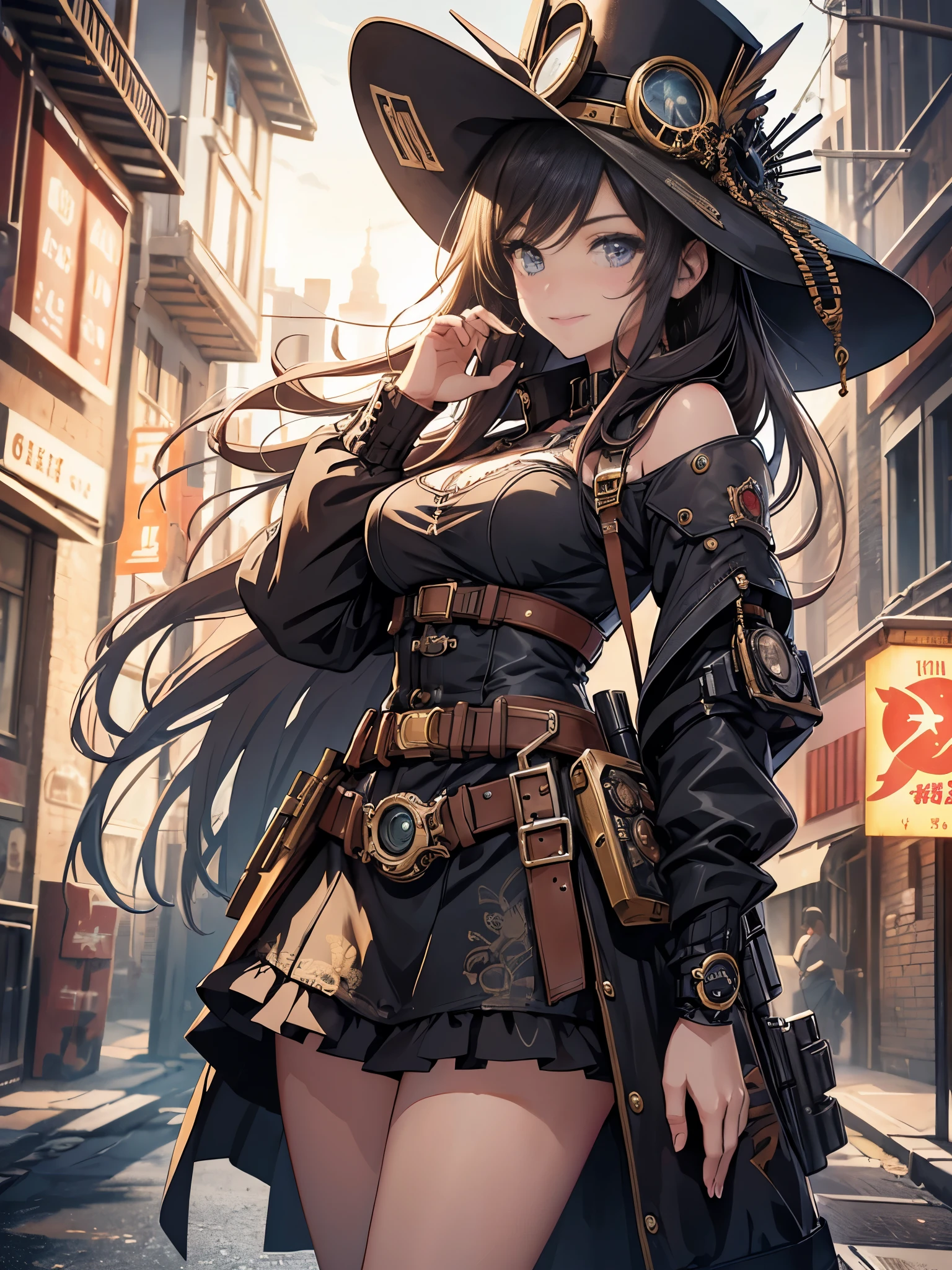 (Line art_anime),(Cowboy Shot,Low - Angle, highest quality, ),(Laura Budd Photos:1.2),(Laura Add Details:1.0),8K, Flat Color:0.8,1 girl,smile,(Highly decorative and complex mechanical steampunk fashion, lace flare dolphin hat、goggles 1.5、machinery background、Gear background、Intricately mechanized steampunk cityscape 1.5),