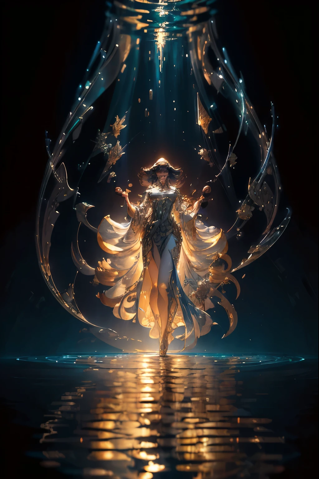 Picture a serene body of water, its surface tranquil yet alive with the magic of refraction and reflections. Sunlight dances upon the water, casting a golden glow that rivals the shiniest of prisms. The sunlight refracts through the water, creating a mesmerizing display of glowing lights that dance upon the water's surface and below. This intricate and elegant scene is a digital painting brought to life, with highly detailed textures that captivate the viewer's senses. The illustration, lovingly crafted by the hands of artistic maestros Artgerm and Greg Rutkowski, as well as Alphonse Mucha, invites the beholder to