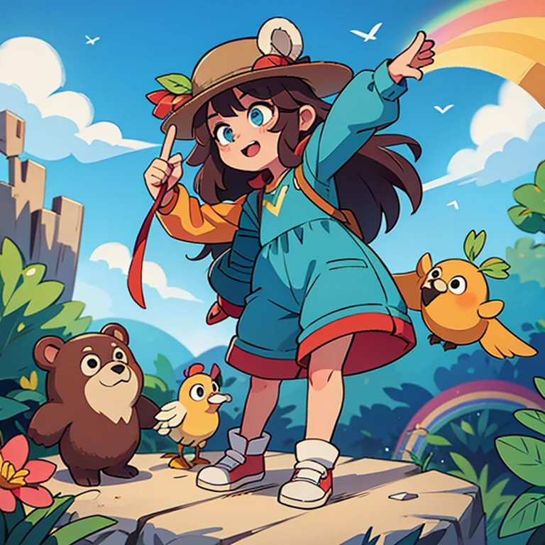 tela, cores, sol, Bear and bird, 1 garoto, explorador, meet again under the rainbow,A amizade deles foi testada,Profundo。The little bird brought a beautiful rainbow fruit for the little bear,Simboliza a preciosidade da amizade。