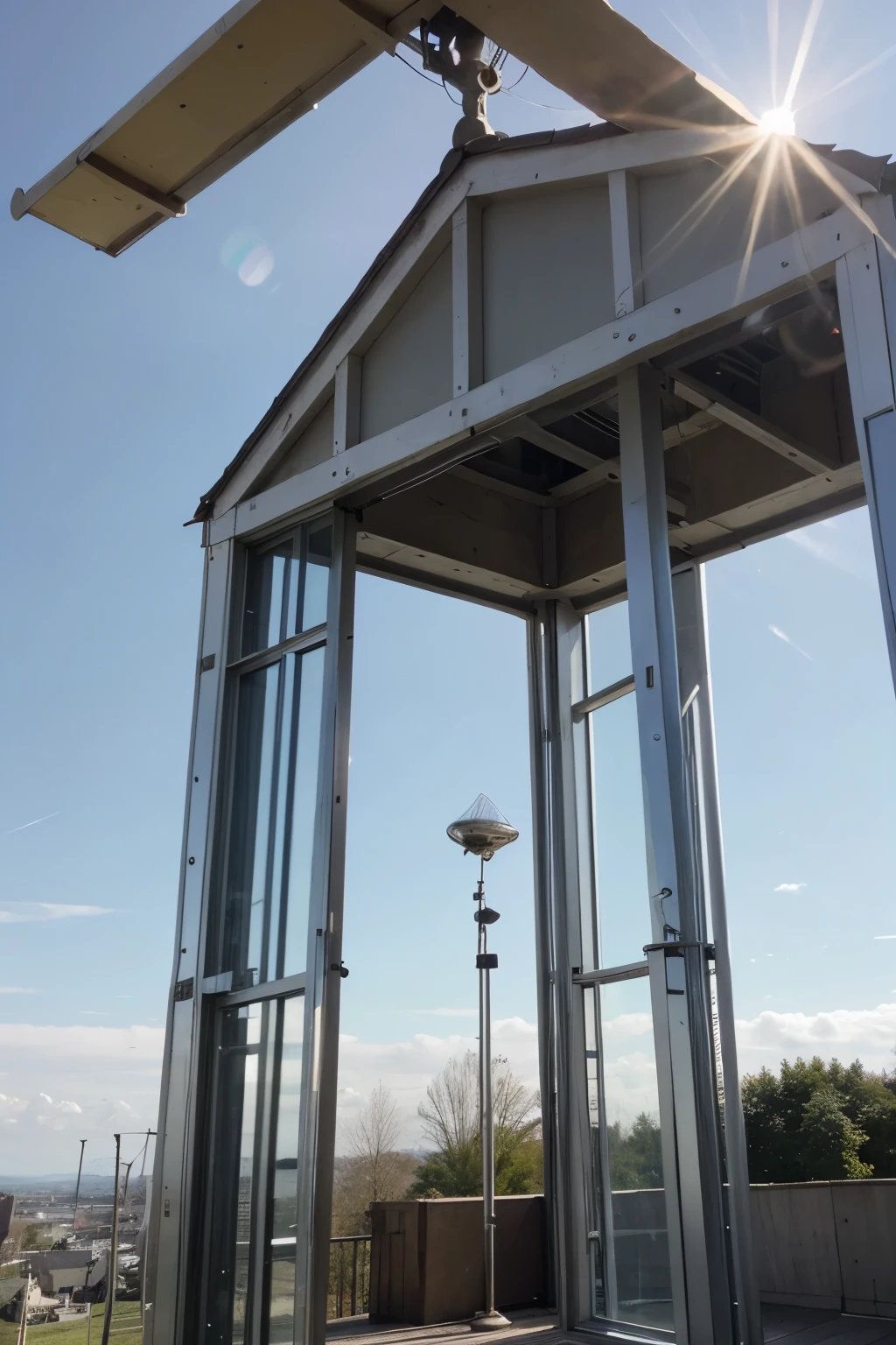 Es soll ein Haus aus Diamanten im Vordergrund sein, welches umgeben von Villen ist. Die Vorderansicht des Diamanthauses soll sichtbar sein. Es soll einen Hubschrauberlandeplatz geben. Der Hubschrauber soll vergoldet sein. Es soll ein sonniges Wetter sein. Der Stil soll Comic sein.