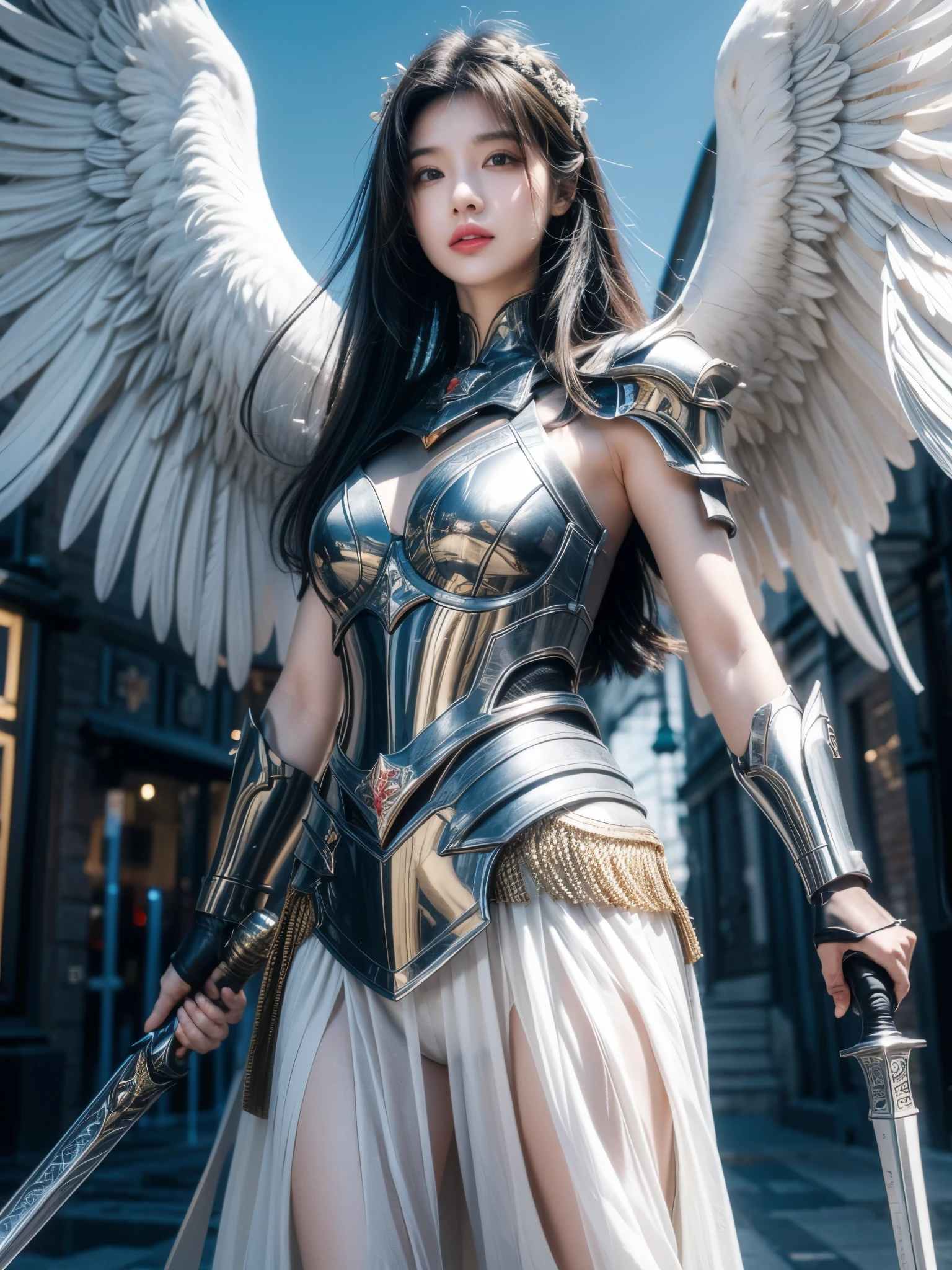 A strong angel with a heavenly armor, Sword with shield, Seven Wings, be ready for battle  