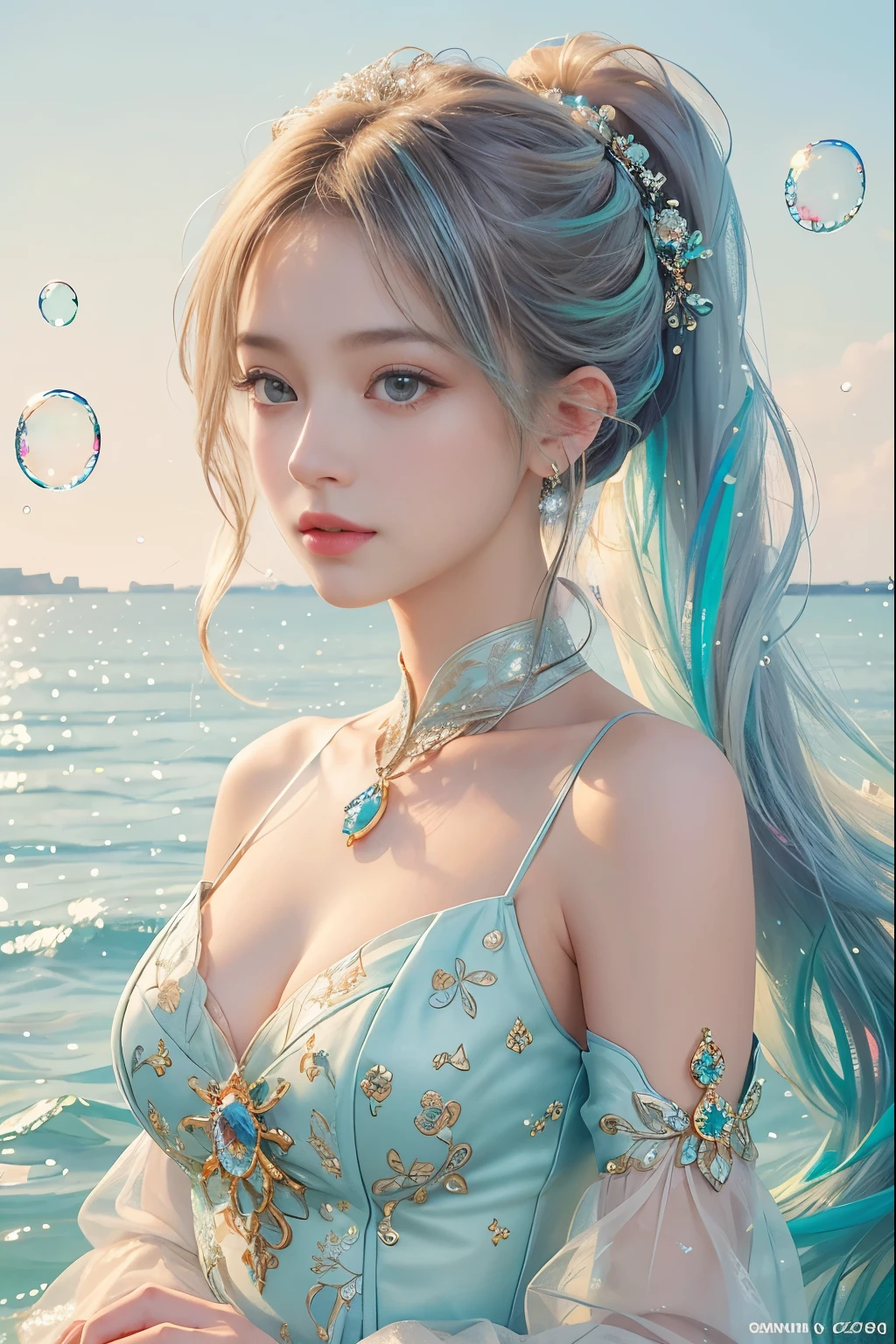 (masterpiece of illustration), (of the finest quality), (intricately detailed), (tangled and disheveled locks), (stunning and lifelike), (one fashionable girl), (wearing chic clothing), stands confidently, (poised for an interview), (against a simple background), (her beautifully detailed eyes shining bright), (a face so delicate and beautiful it takes your breath away), (floats softly in the air), (surrounded by high saturation colors and colorful splashes), (amidst shining bubbles and sparkling highlights), (the focus solely on her enchanting face), (with a long ponytail adorned by a hair ring