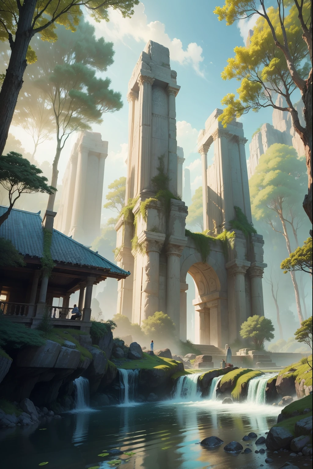 In the heart of a tranquil forest and meadow lies a breathtaking fusion of ancient Greek architecture and futuristic sci-fi elements, reminiscent of Ralph McQuarrie's iconic style. Towering structures, with columns adorned in intricate patterns, reach up against the azure sky. Their gleaming surfaces reflect the sunlight, casting a golden glow on the lush green landscape below.

Vibrant hues of nature paint an oil painting-like scene - the verdant grasslands, the crystal-clear stream, and the diverse flora that dot the scenery. People can be seen milling about, dressed in flowing robes, as they go about their daily