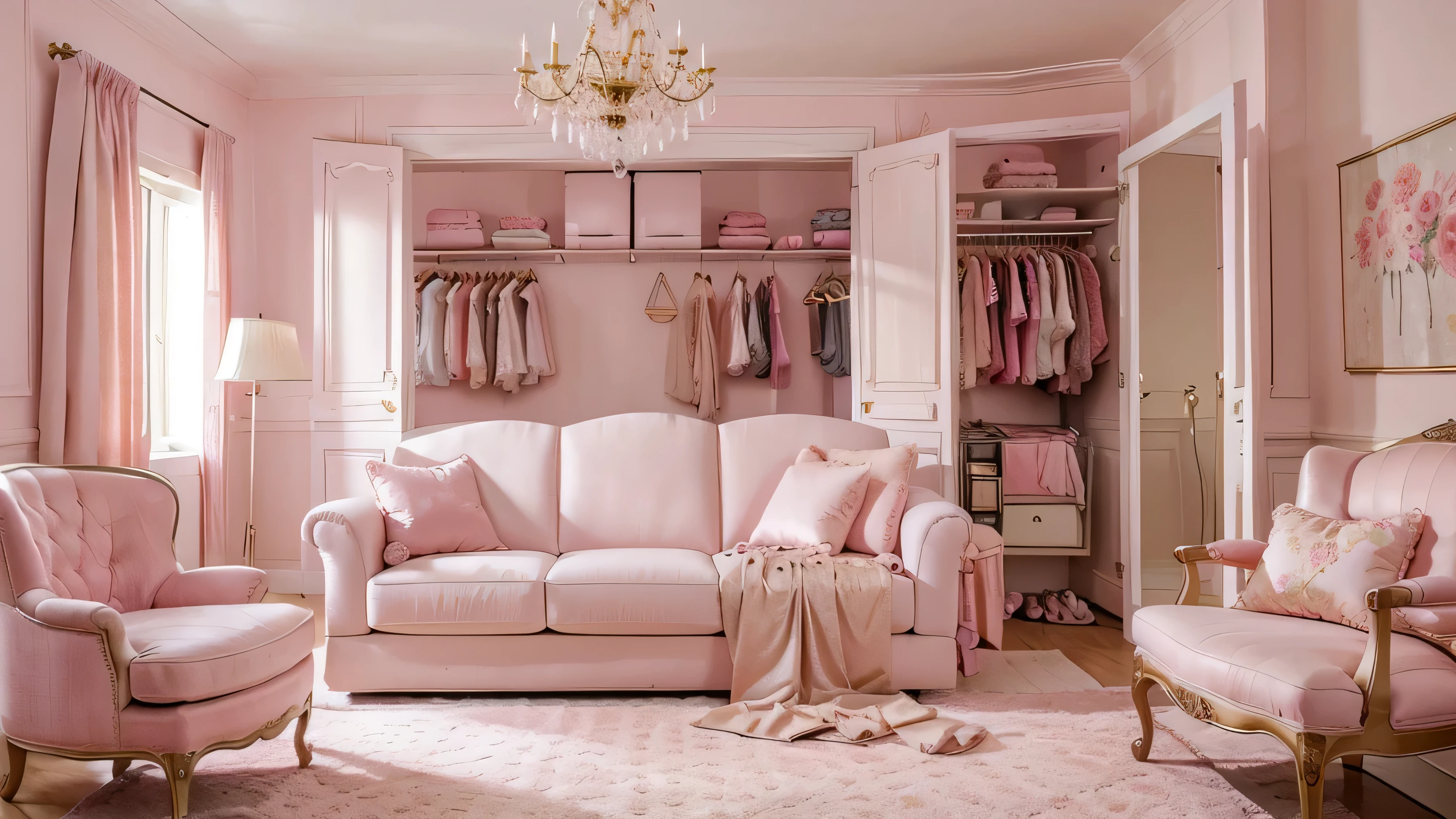 ((best quality)), ((masterpiece)), ((realistic)), a close up of a pink couch in a room with a mirror, with soft pink colors, pink scheme, pink color scheme, elegant furniture, rich pastel colors, warm pink living room, luxury furniture, pink pastel, pink and gold color scheme, pink accents, background worn clothes, brown and pink color scheme, pink and grey muted colors, furniture and decor, pink hues, background with a closet and hung clothes, elegant lamp on the ceiling