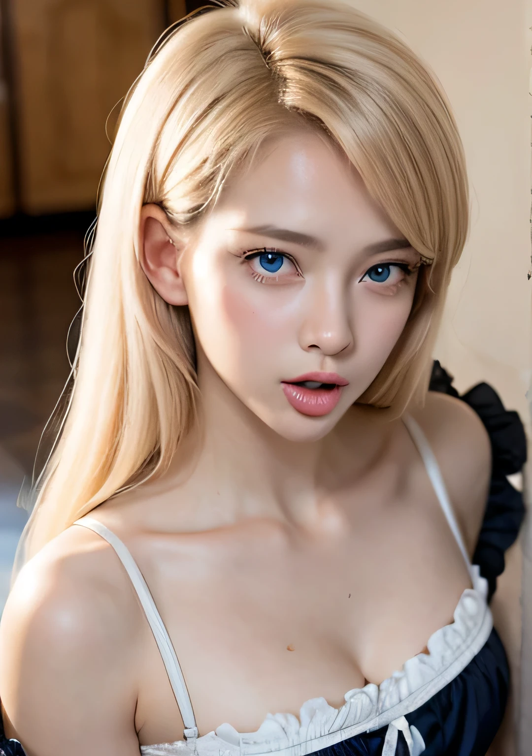 Browsing Caution,(Camel Toe),(highest quality:1.2), ,In 8K, RAW Photos、Upper body naked、Large Breasts、Pink nipples、Shooting from above、Platinum Blonde Hair, (blue eyes, Lolita Fashion, :1.2), Upward Gaze、A wistful look、Open your mouth、Sticking out tongue、Sweaty body、An excited look、blushing face、kneel、Quite large breasts、Cleavage、Whole Body Ezbian, Stunningly beautiful girl, A clear aura,Face Light, Professional Lighting, Cinema Lighting, Detailed face, Background bokeh