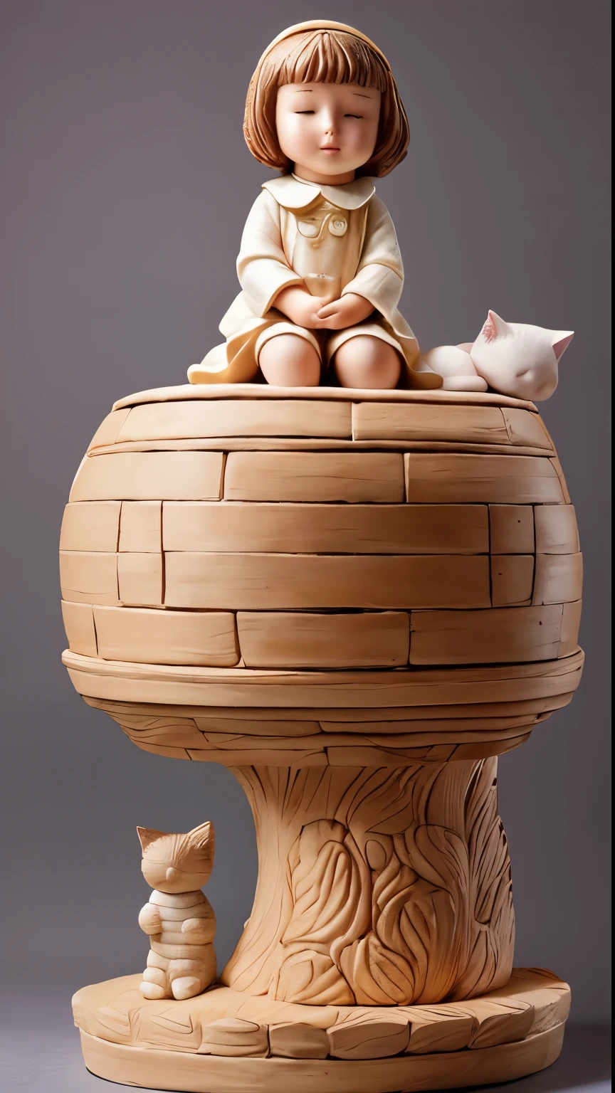 (best quality, high resolution, ultra-detailed), global light, neutral background, a sculpture resine toy a giant cat with a tiny girl sleepping on the giant cat's neck. The *********** is riding in the gigantic cat's cell. Style collectible toys, art toys, art toys on a pedestal.