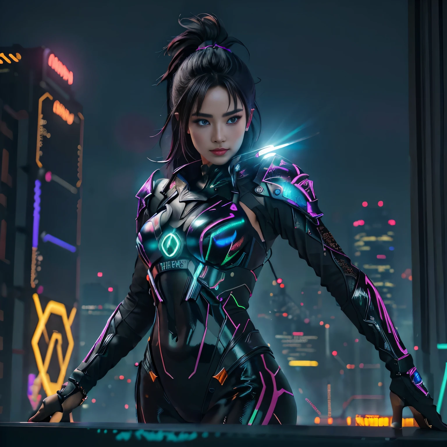 (Best quality, 4k, 8k, highres, masterpiece: 1.2), ultra-detailed, realistic, physically-based rendering, futuristic ninja, neon lights illuminating the cityscape, advanced technology integrated into every detail, shiny metallic armor reflecting the vibrant colors, glowing cybernetic eyes radiating an intense light, acrobatic poses defying gravity, sleek black attire blending seamlessly with the darkness, urban cyberpunk background filled with towering structures and holographic advertisements, sharp focus capturing every intricate line and texture, professional artistry showcasing every detail in vivid colors, bokeh effect adding depth and