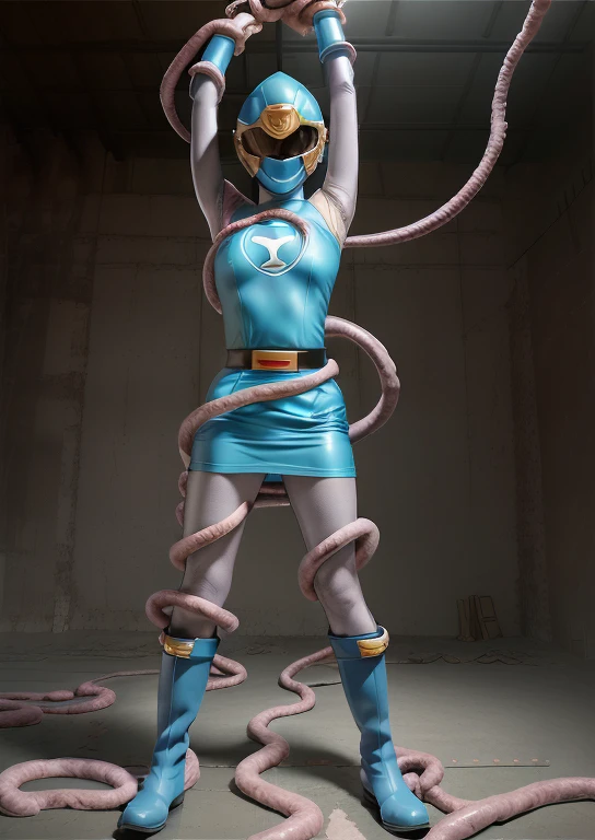 (best quality, masterpiece, RAW photo,ultra-detailed:1.2), 1girl, solo, looking at viewer, ((Hurricane Blue outfit, belt, gloves, helmet, blue spandex vest, blue boots, blue skirt, gray leggings, white gloves)), very large massive breasts, (((spread legs:1.1))),  ((tentacles:1)), tentacle on crotch, nsfw, raised arms, tentacles wrap around body, dark room, eerie light, close up, industrial background, full body, creampie, wet